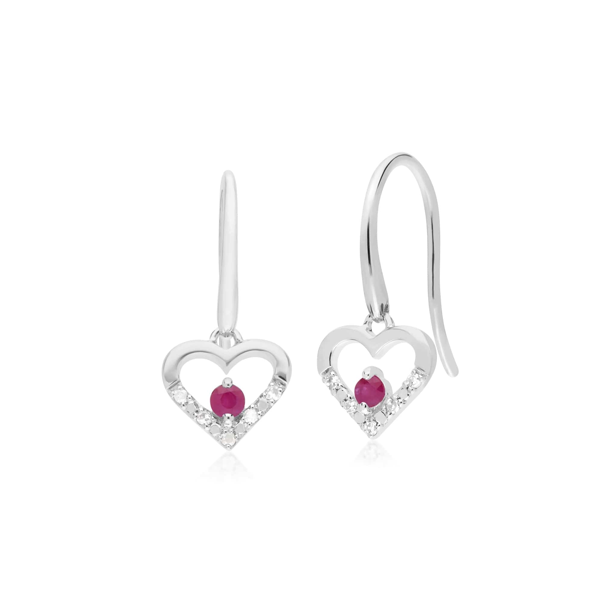 162E0258019-162P0219019 Classic Round Ruby & Diamond Heart Drop Earrings & Pendant Set in 9ct White Gold 2