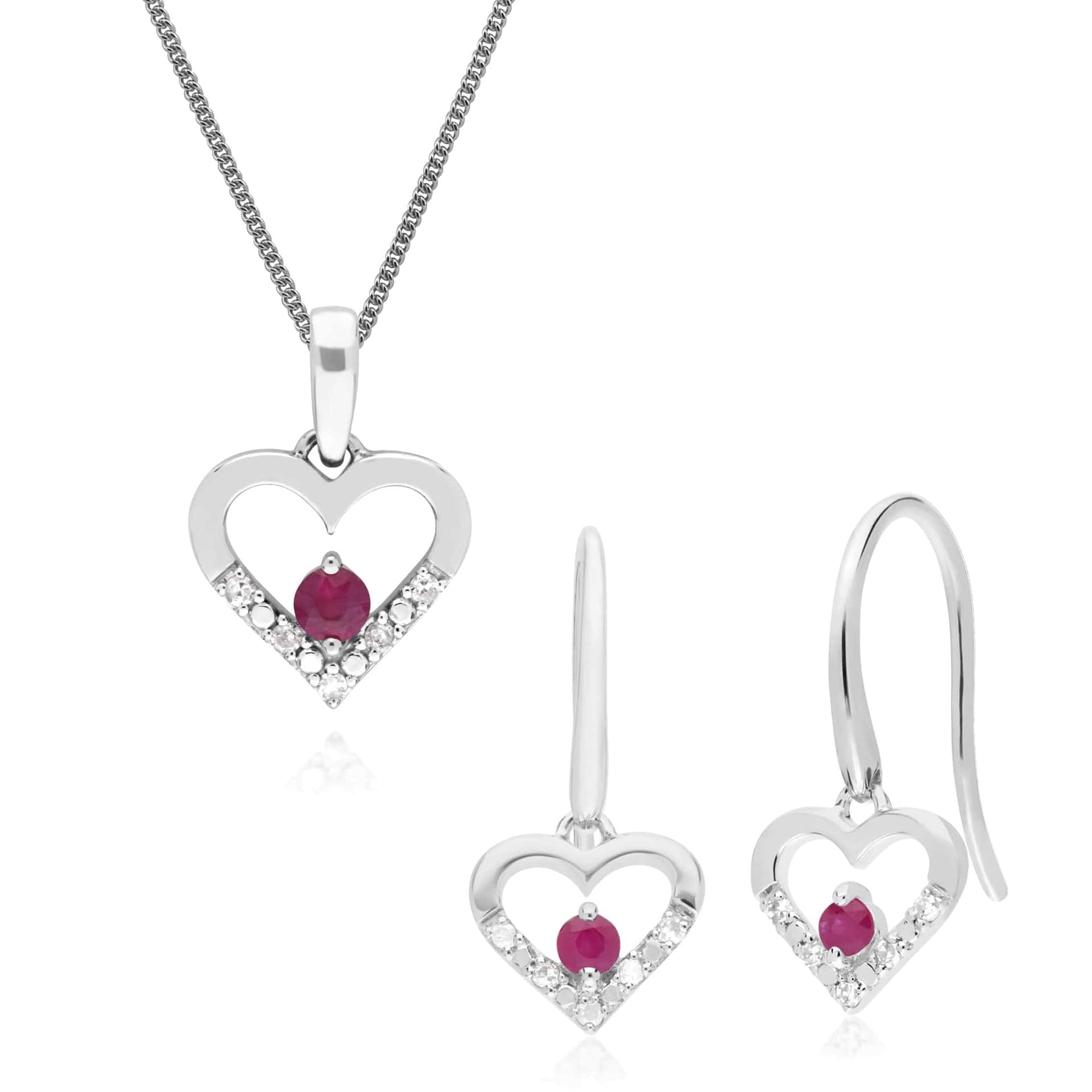 162E0258019-162P0219019 Classic Round Ruby & Diamond Heart Drop Earrings & Pendant Set in 9ct White Gold 1