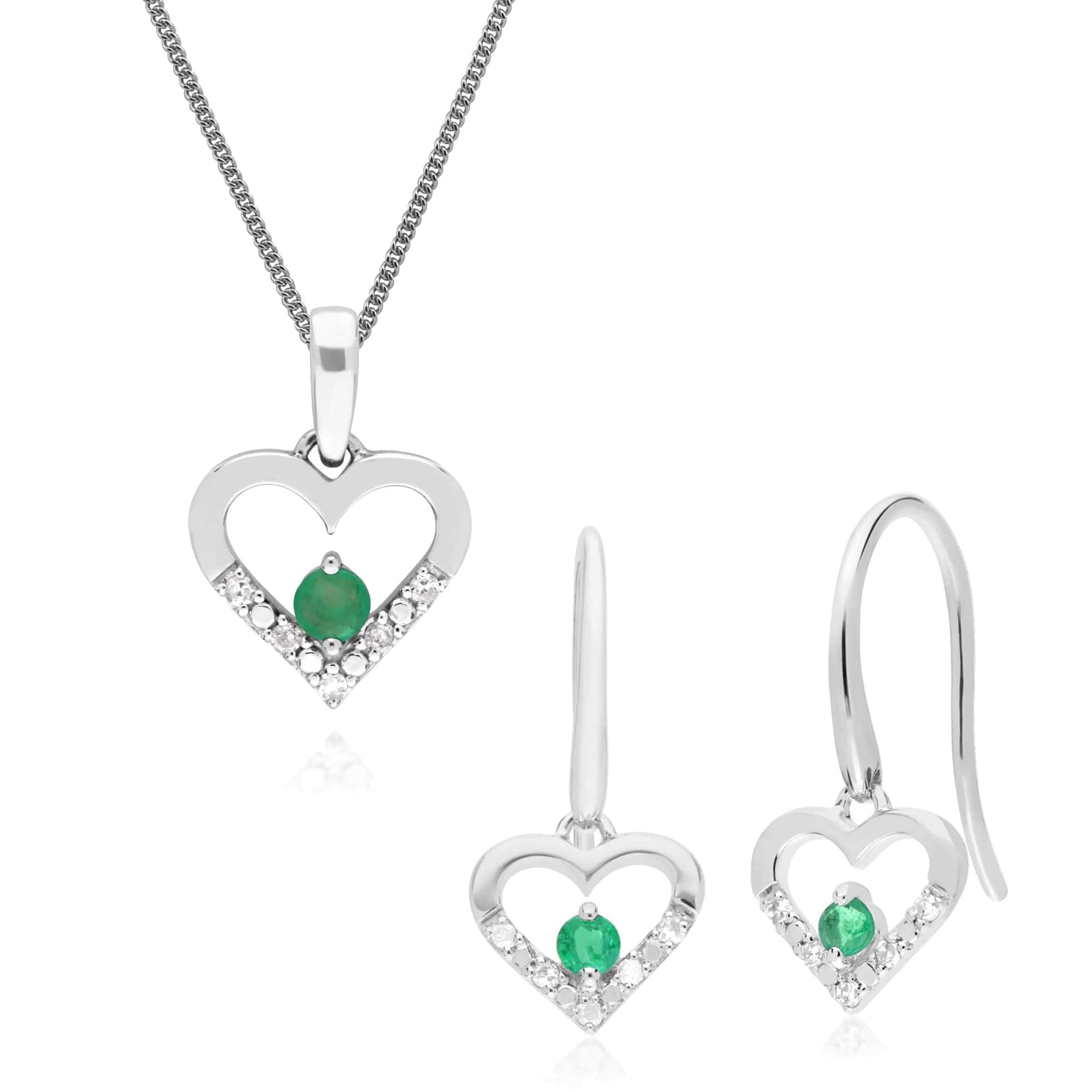 162E0258039-162P0219039 Classic Round Emerald & Diamond Heart Drop Earrings & Pendant Set in 9ct White Gold 1