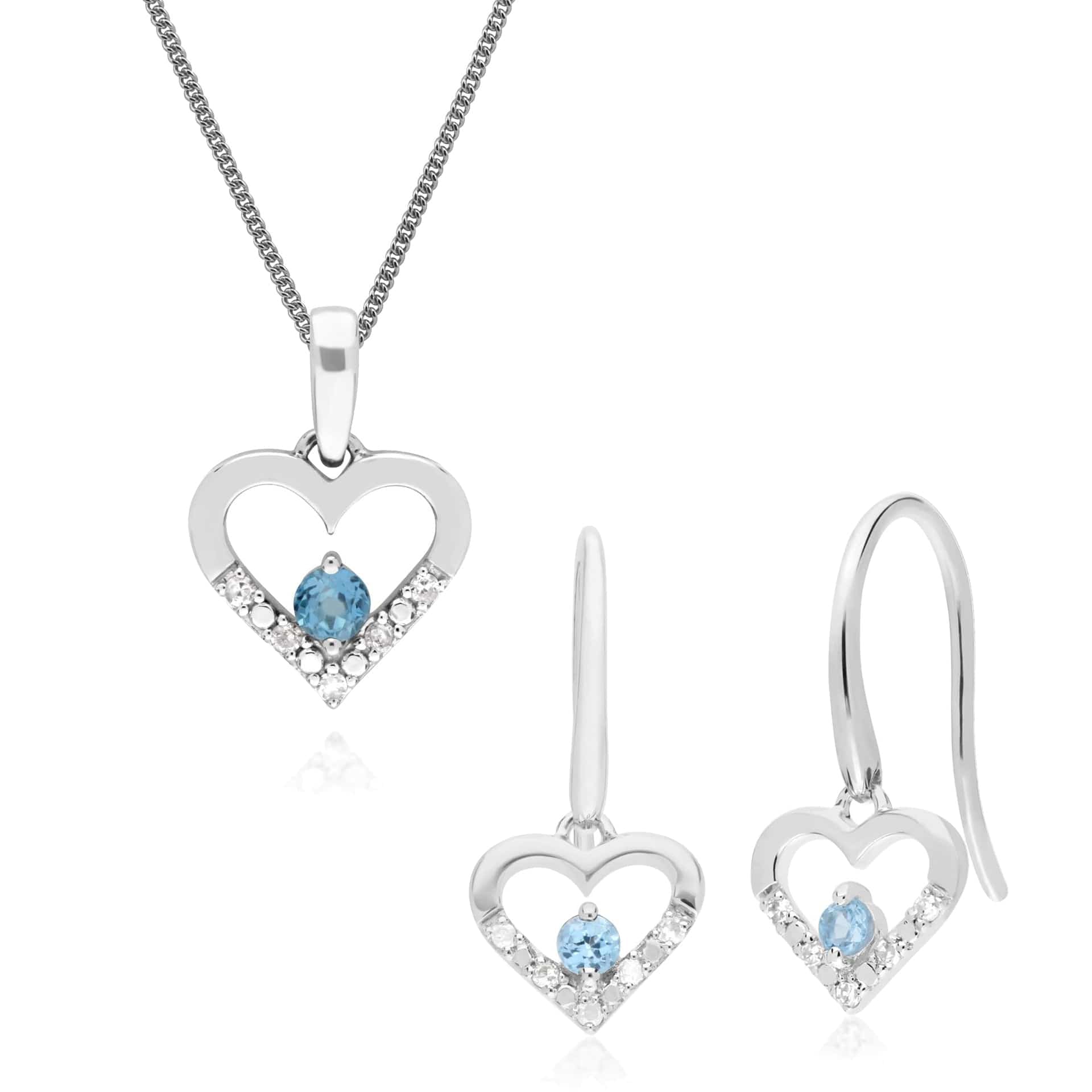 162E0258069-162P0219069 Classic Round Blue Topaz & Diamond Heart Drop Earrings & Pendant Set in 9ct White Gold 1