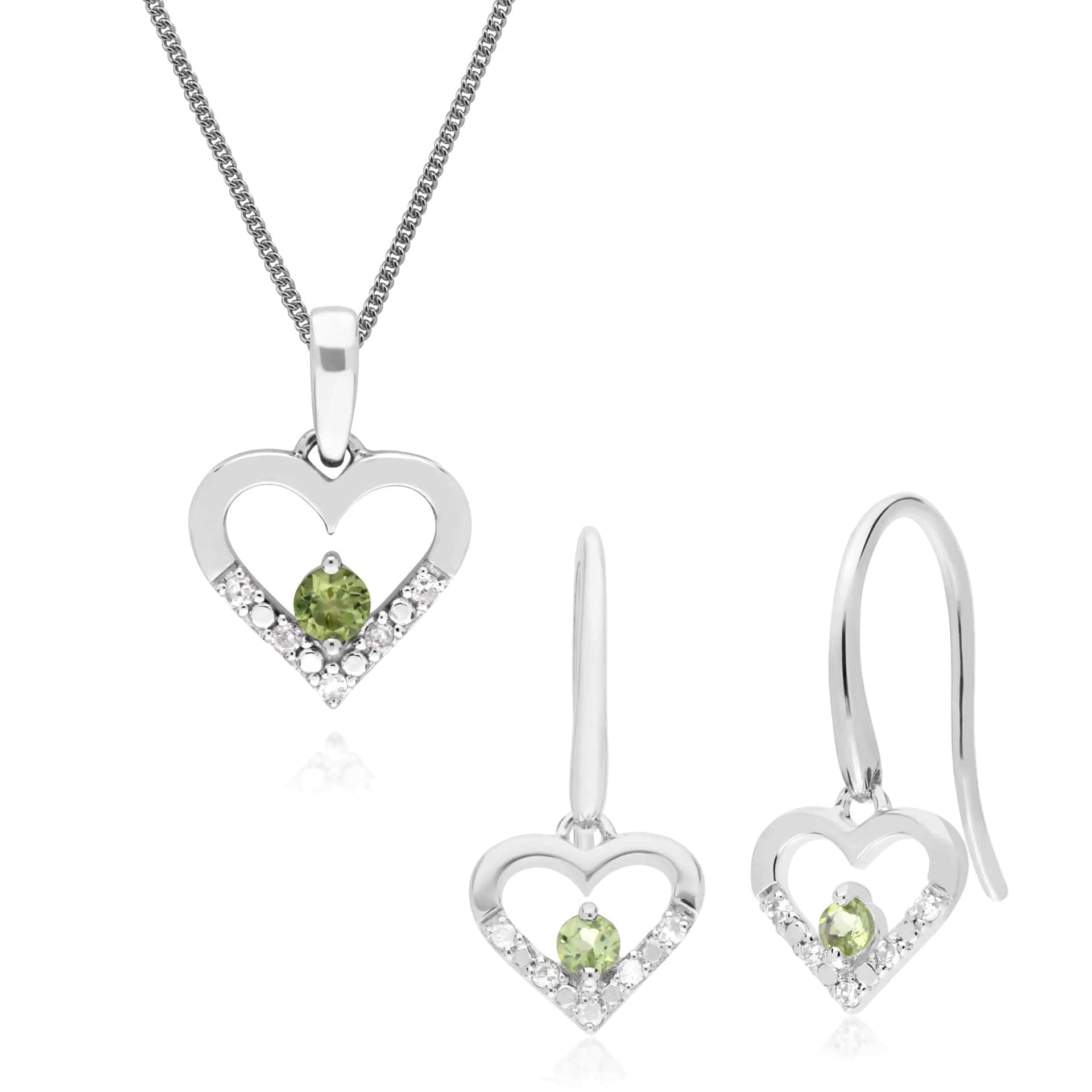 162E0258089-162P0219089 Classic Round Peridot & Diamond Heart Drop Earrings & Pendant Set in 9ct White Gold 1