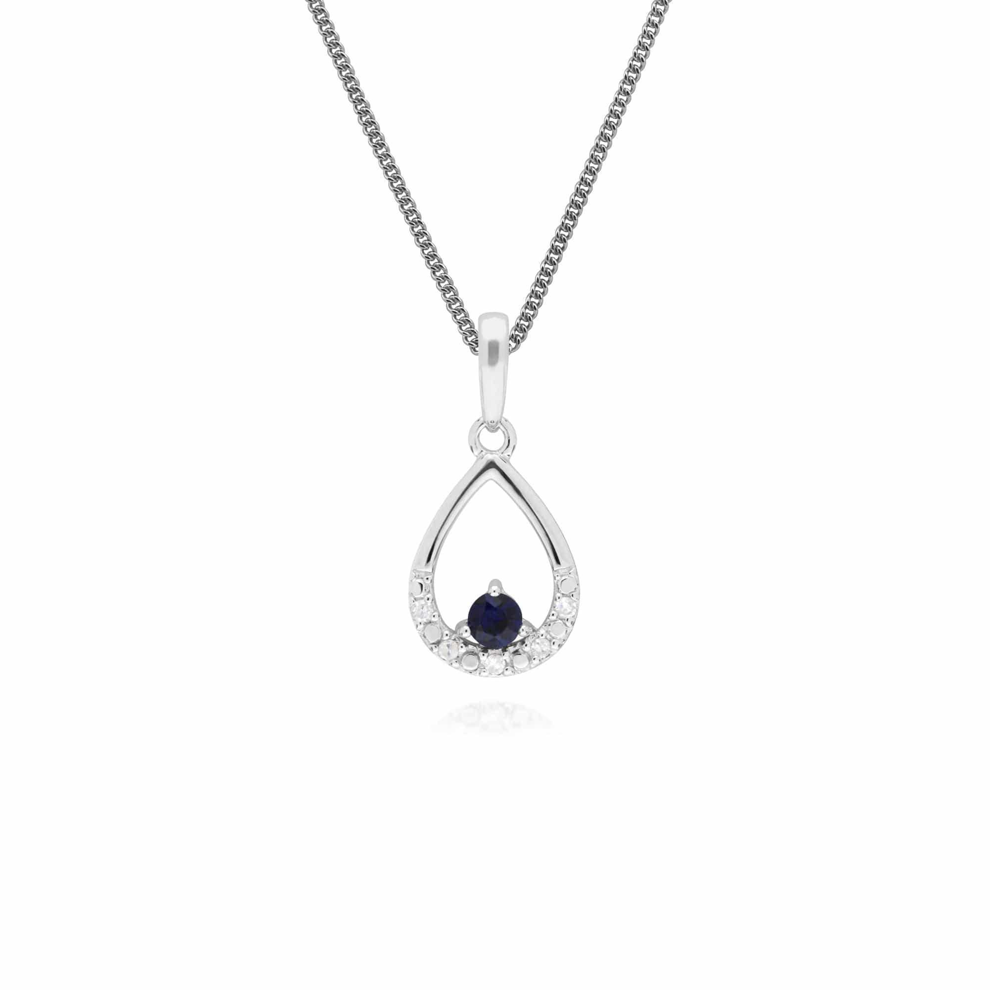 Classic Round Sapphire & Diamond Pear Shaped Pendant in 9ct White Gold - Gemondo