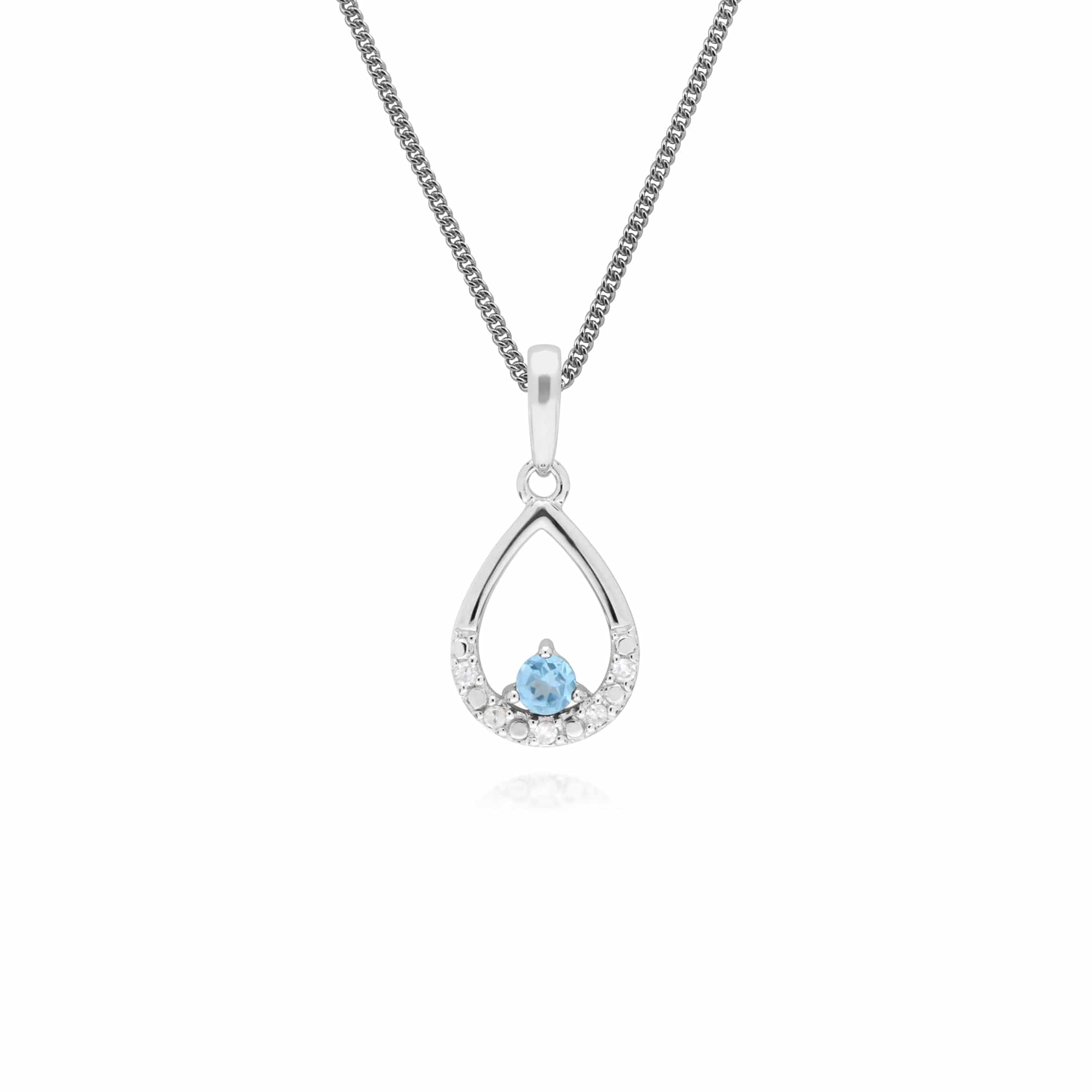 162P0220619 Classic Round Blue Topaz & Diamond Pear Shaped Pendant in 9ct White Gold 1