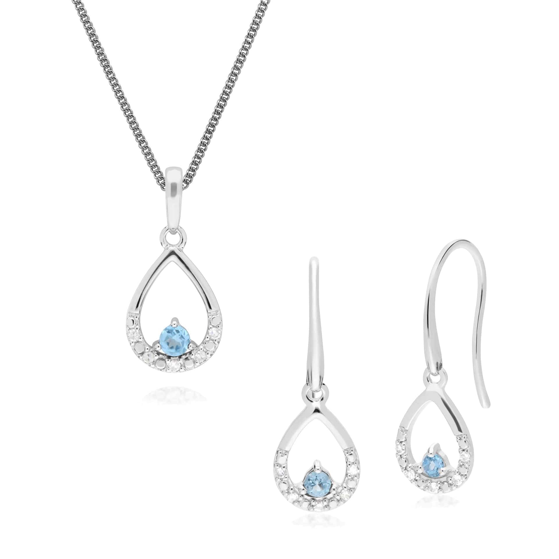 162E0259069-162P0220619 Classic Round Blue Topaz & Diamond Tear Drop Earrings & Pendant Set in 9ct White Gold 1