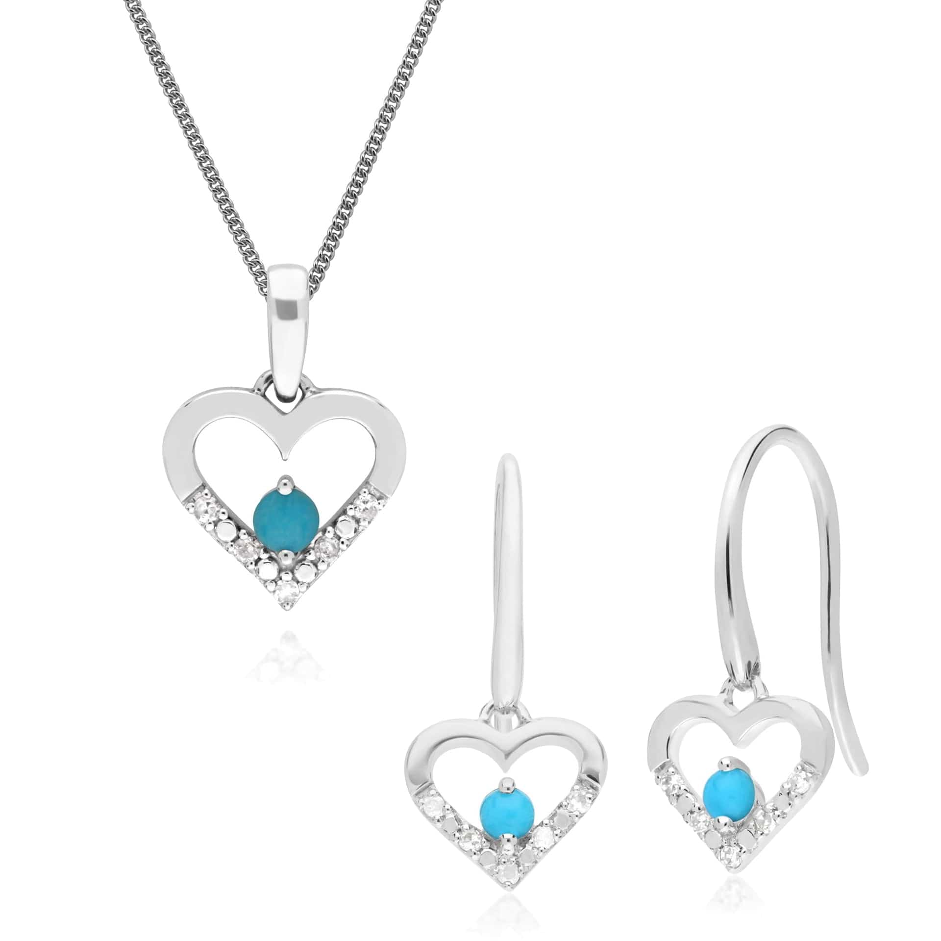 162E0260019-162P0221019 Classic Round Turquoise & Diamond Heart Drop Earrings & Pendant Set in 9ct White Gold 1