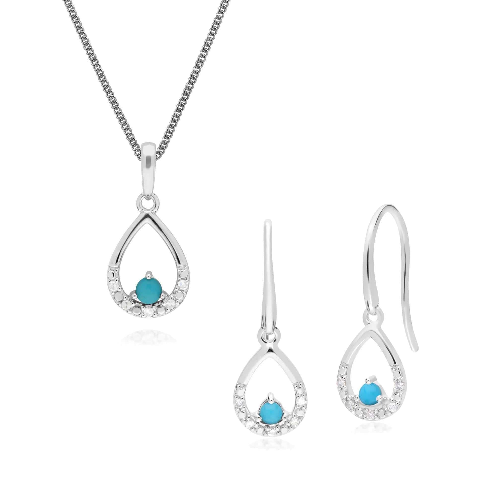 162E0261019-162P0222019 Classic Round Turquoise & Diamond Pear Drop Earrings & Pendant Set in 9ct White Gold 1