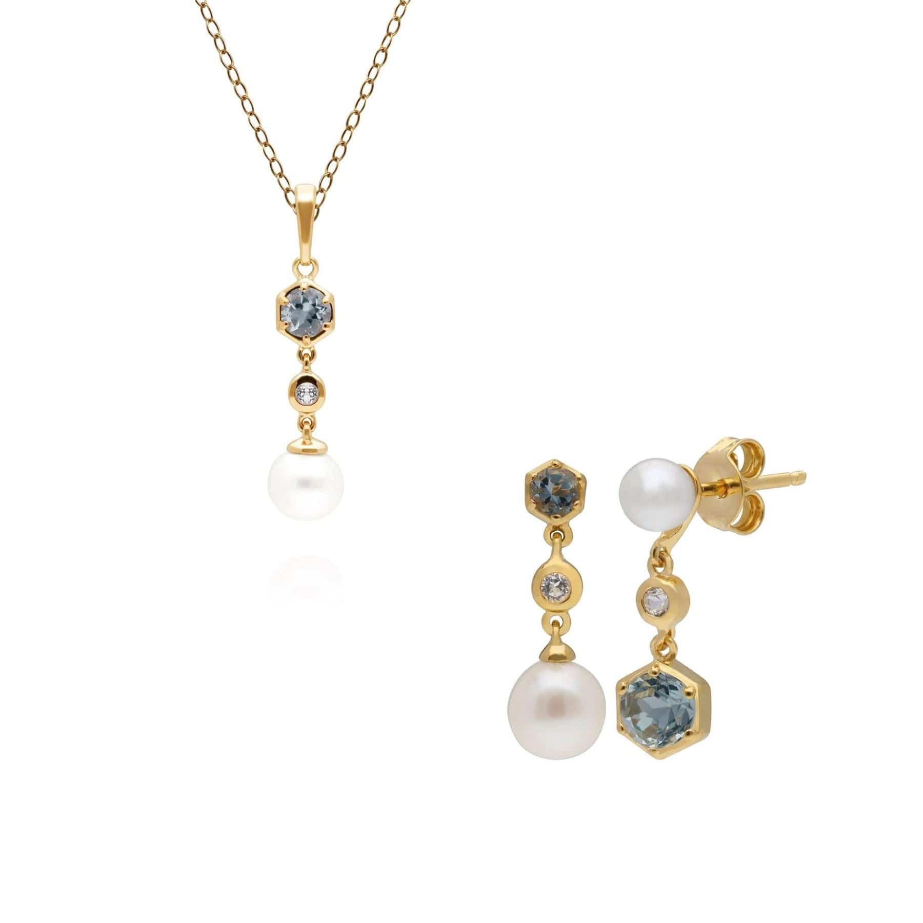 Modern Pearl, Topaz & Aquamarine Earring & Pendant Set in Gold Plated Silver - Gemondo
