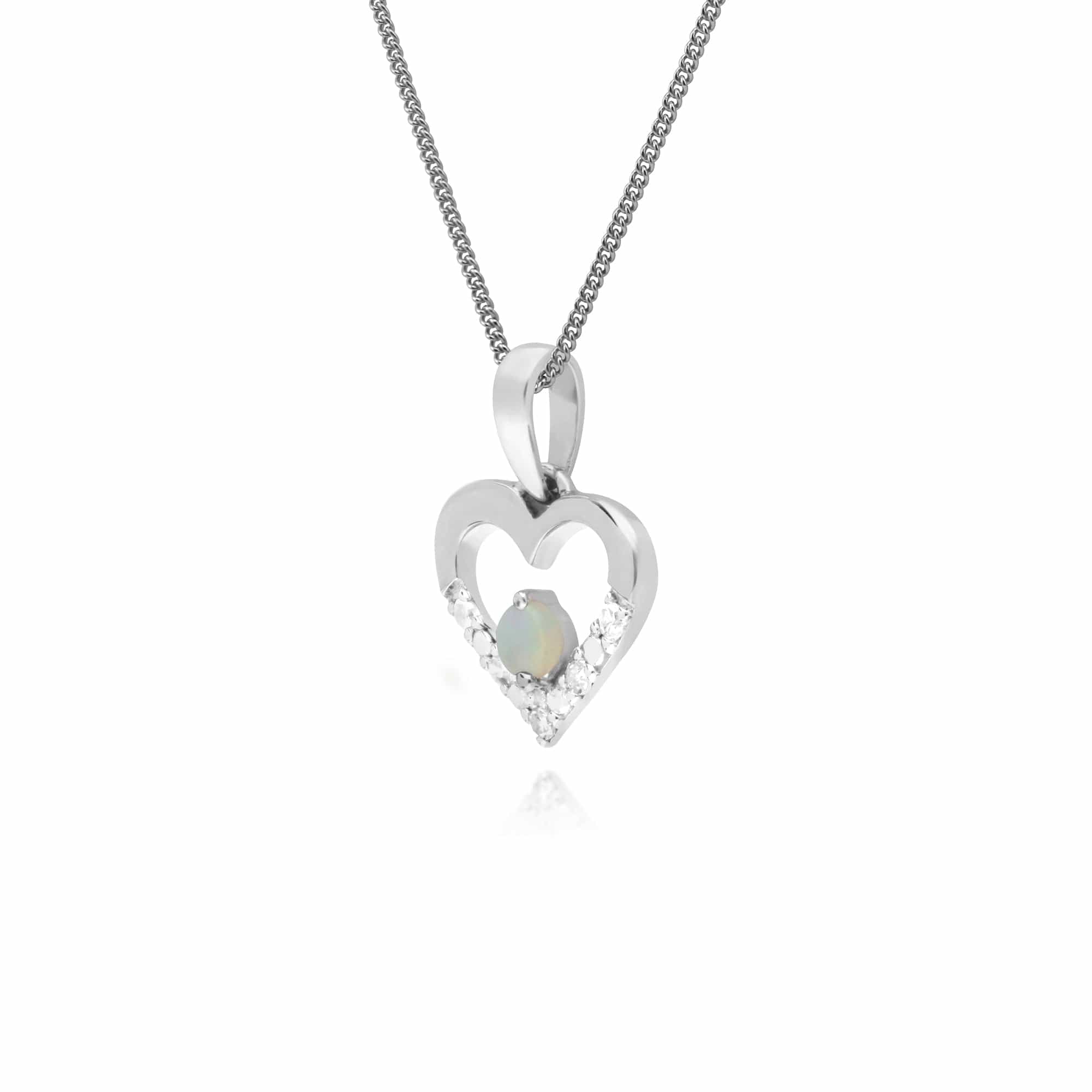 Classic Round Opal & Diamond Love Heart Shaped Pendant in 9ct White Gold - Gemondo