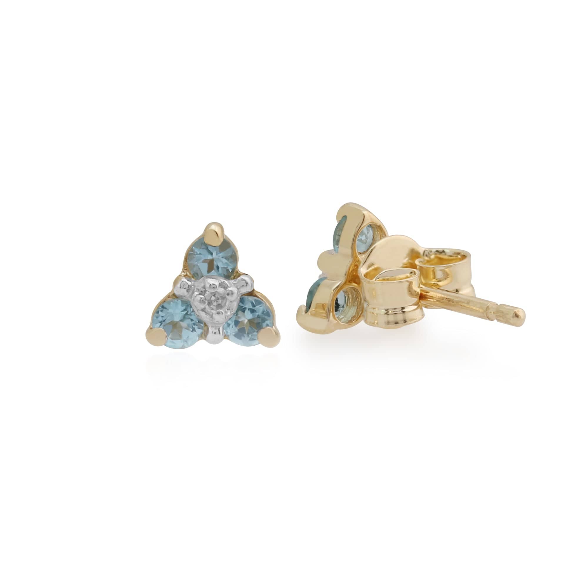 10162 Classic Round Blue Topaz & Diamond Cluster Stud Earrings in 9ct Yellow Gold 2