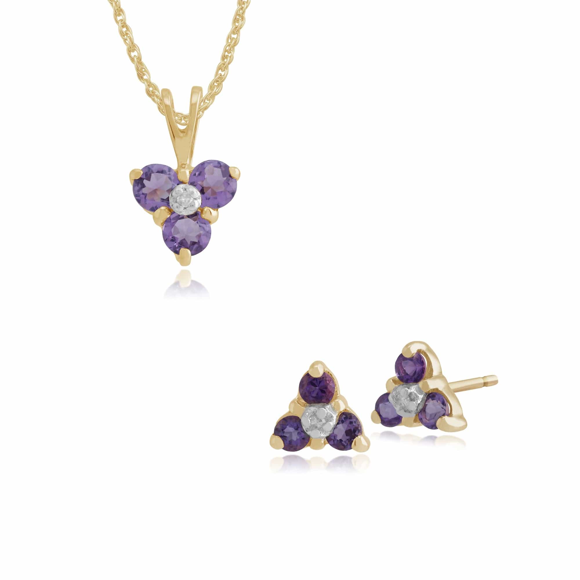 Floral Amethyst & Diamond Stud Earrings & Pendant Set Image 1
