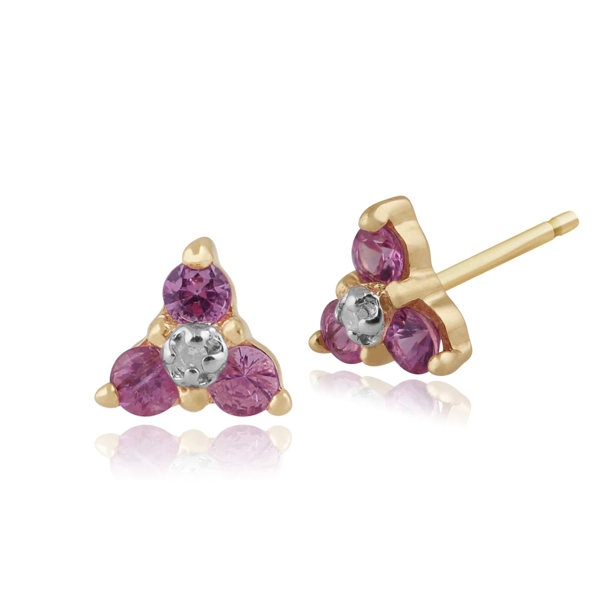Classic Round Pink Sapphire & Diamond Cluster Stud Earrings in 9ct Yellow Gold