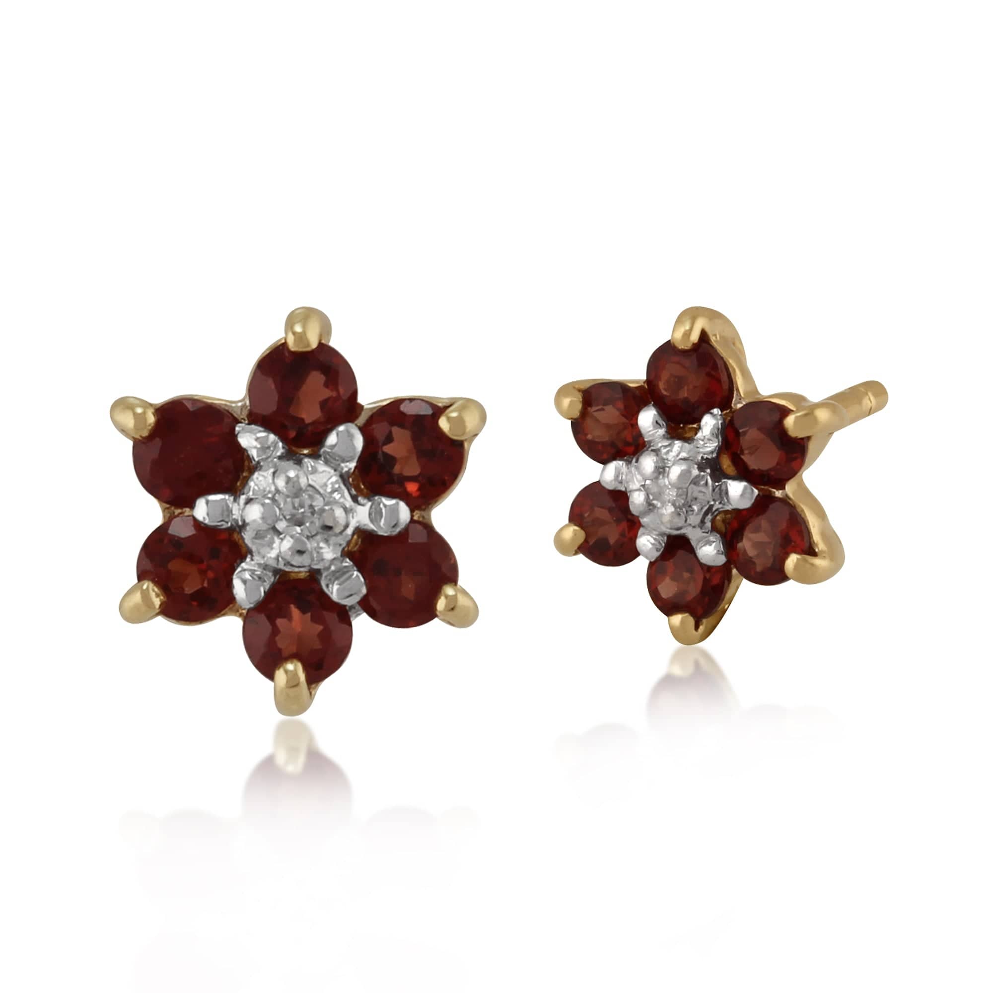 Floral Oval Garnet & Diamond Cluster Stud Earrings in 9ct Yellow Gold - Gemondo