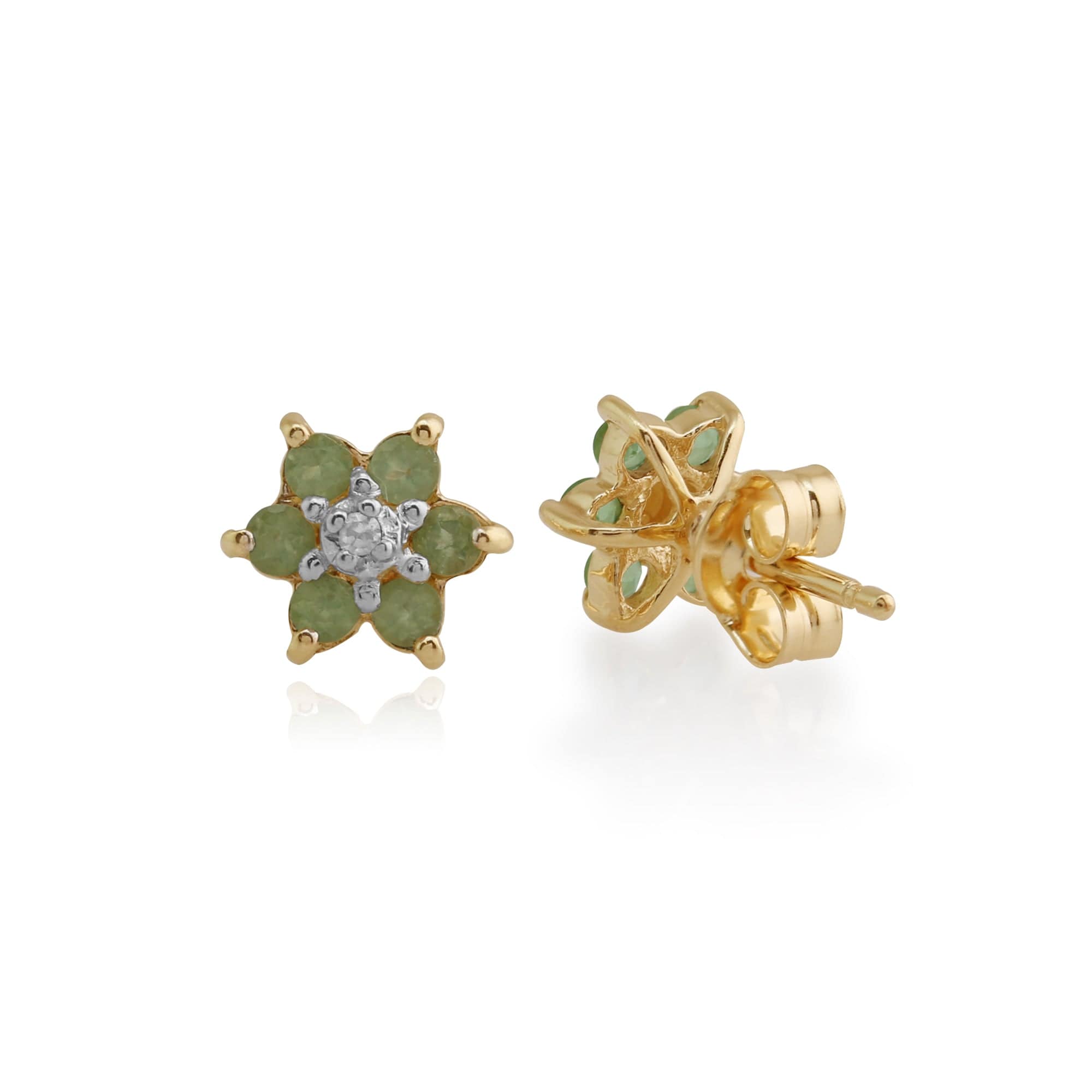 Floral Round Peridot & Diamond Cluster Stud Earrings in 9ct Yellow Gold - Gemondo