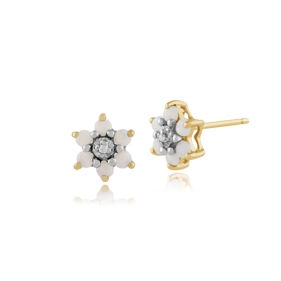 Floral Round Opal & Diamond Stud Earrings in 9ct Yellow Gold - Gemondo