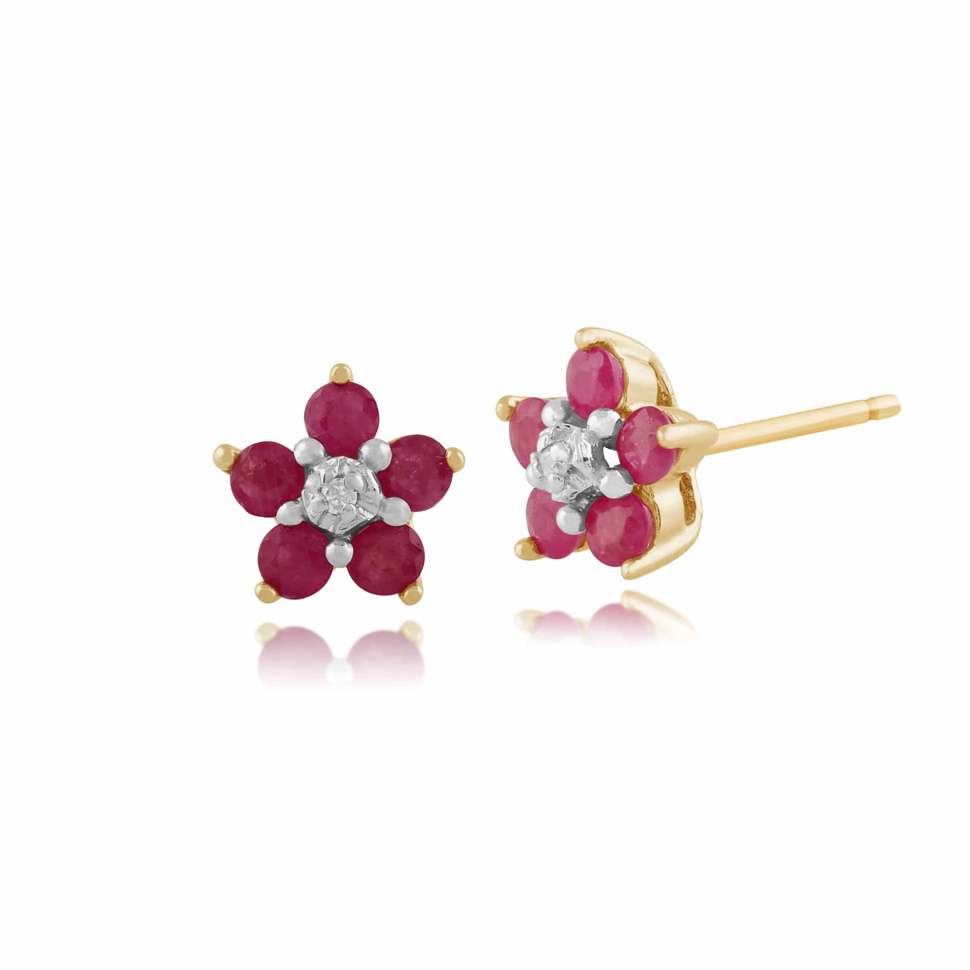 Floral Round Ruby & Diamond Cluster Stud Earrings in 9ct Yellow Gold - Gemondo