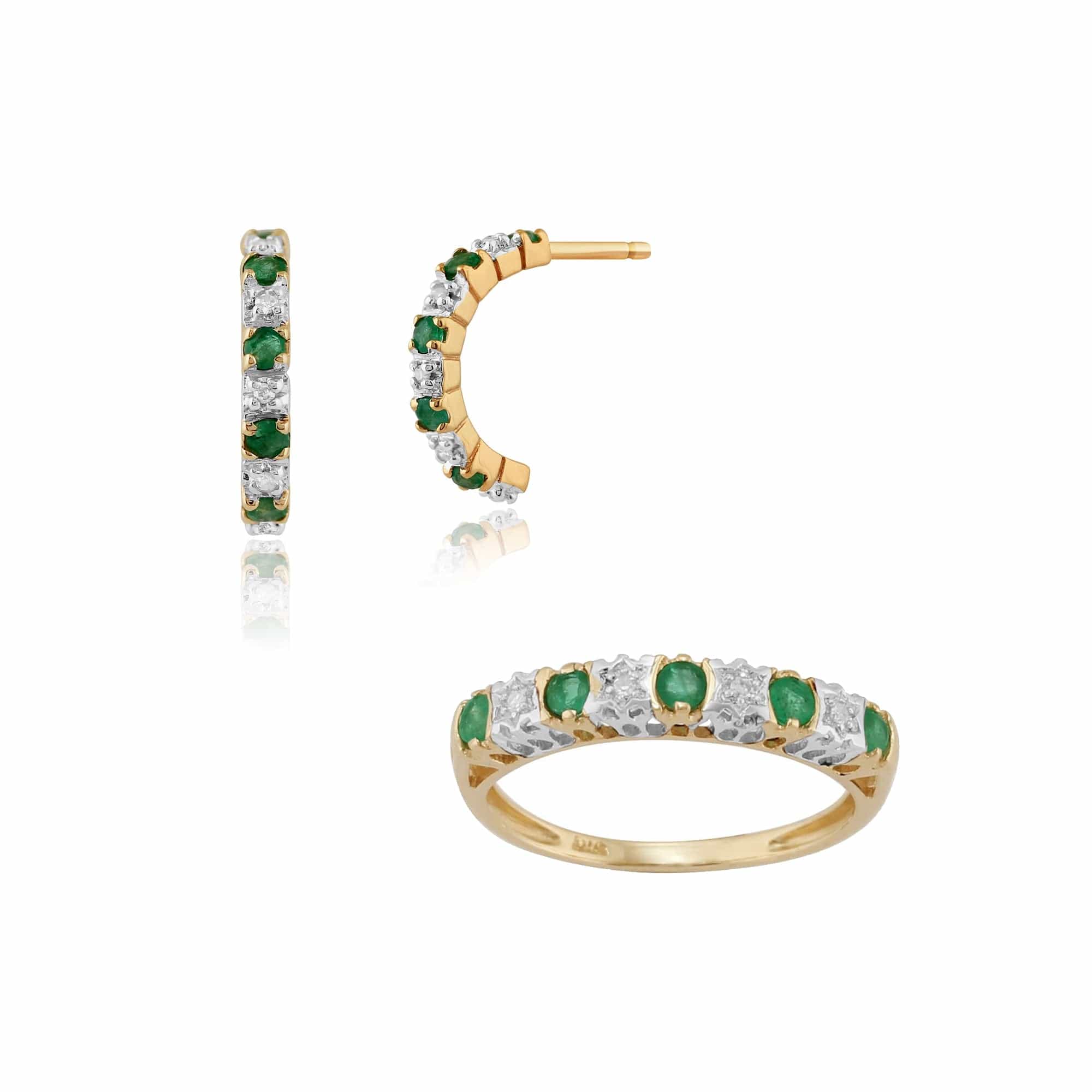 181E0763019-11204 Classic Round Emerald & Diamond Half Hoop Earrings & Half Eternity Ring Set in 9ct Yellow Gold 1