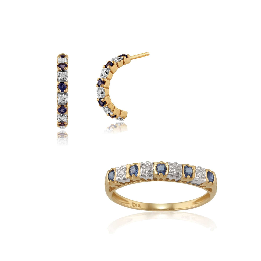 181E0763039-25387 Classic Round Sapphire & Diamond Half Hoop Earrings & Half Eternity Ring Set in 9ct Yellow Gold 1