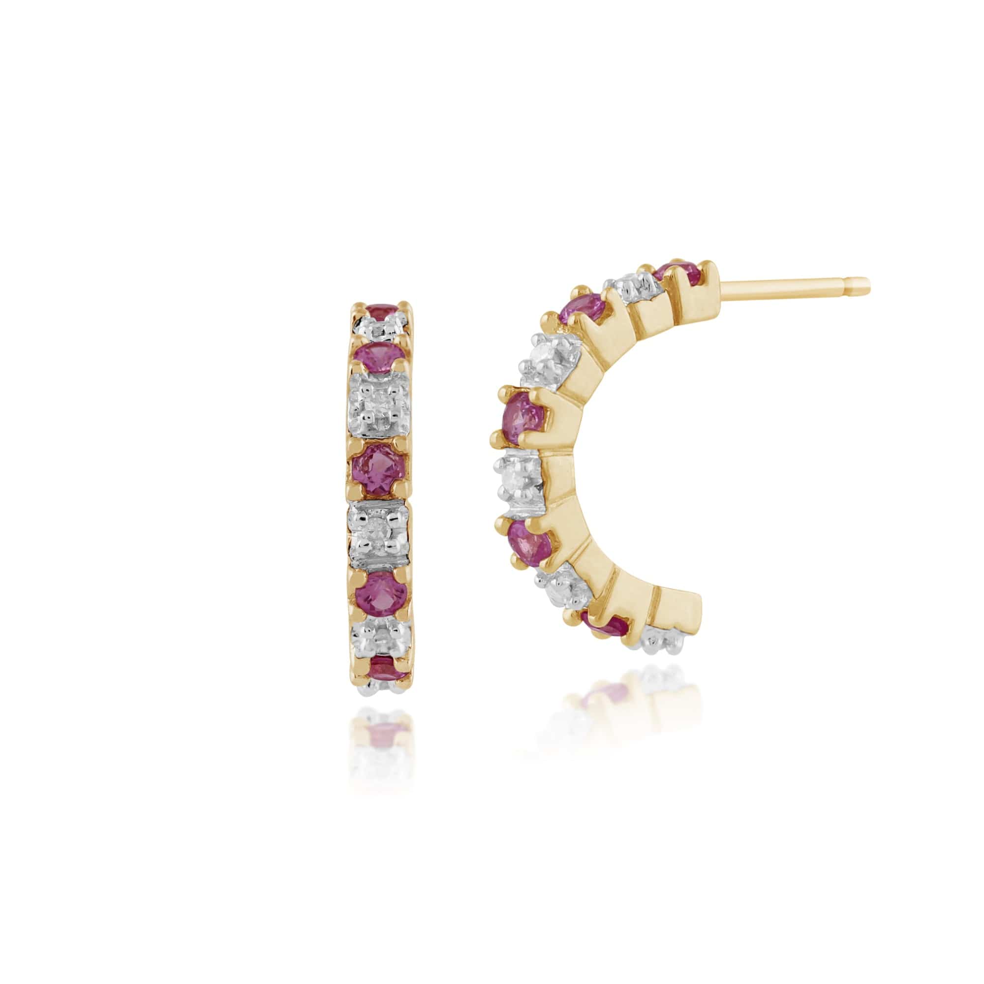 Classic Round Pink Sapphire & Diamond Half Hoop Style Earrings in 9ct Yellow Gold - Gemondo