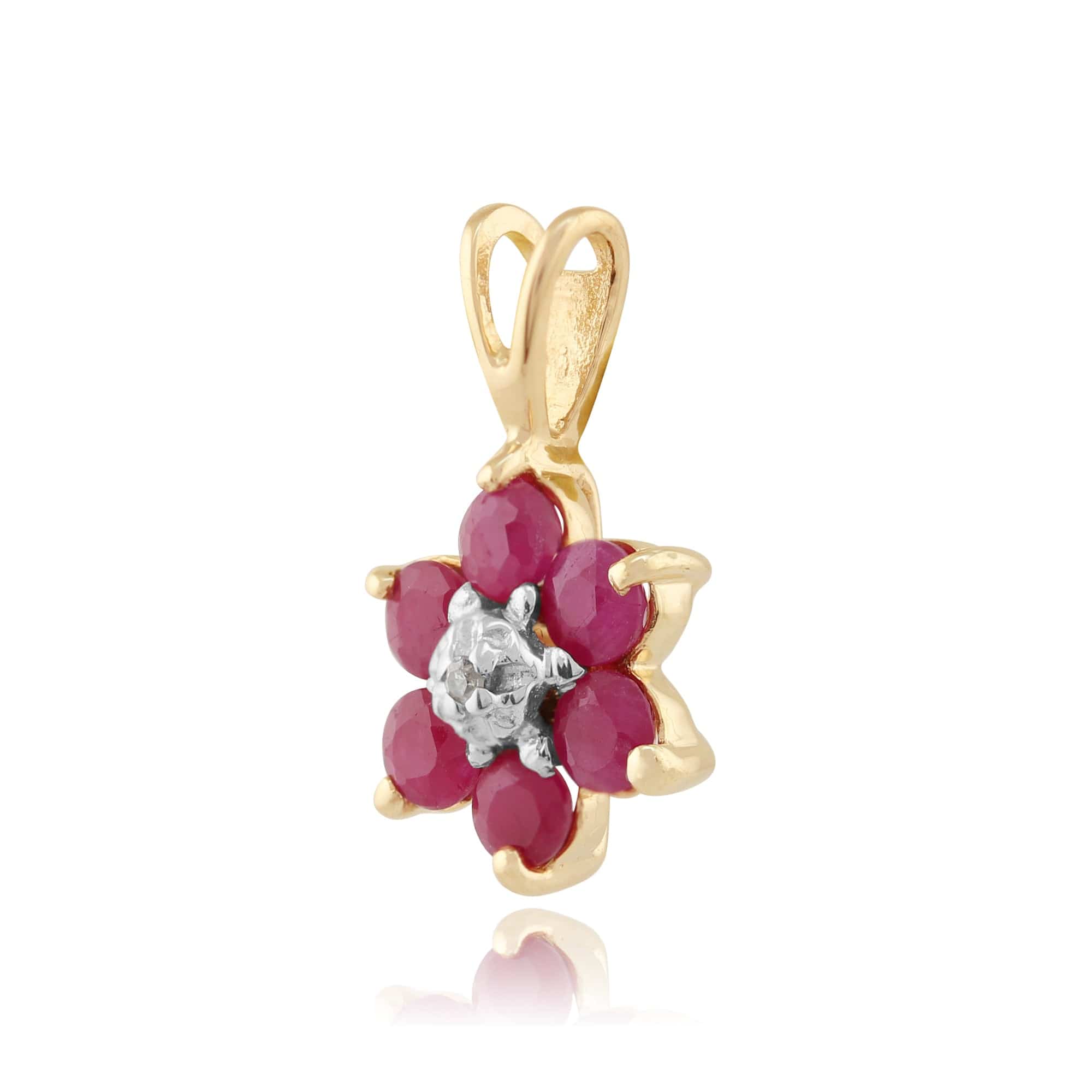 Floral Round Ruby & Diamond Cluster Pendant in 9ct Yellow Gold - Gemondo