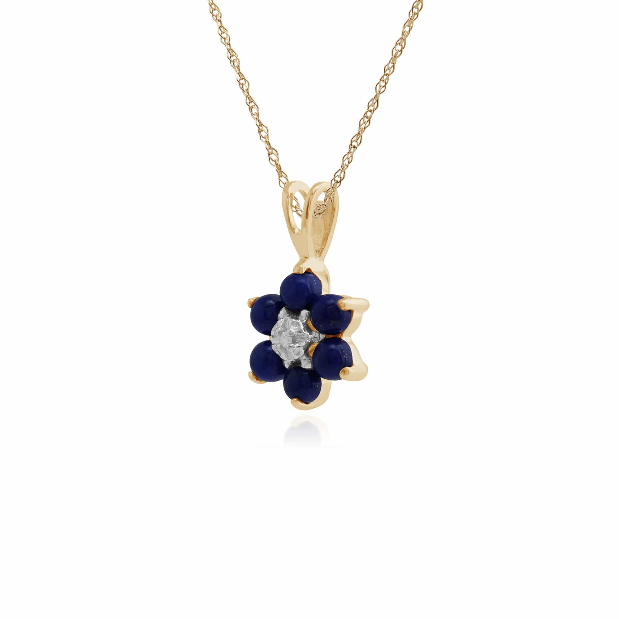 Floral Round Lapis Lazuli & Diamond Cluster Pendant in 9ct Yellow Gold - Gemondo