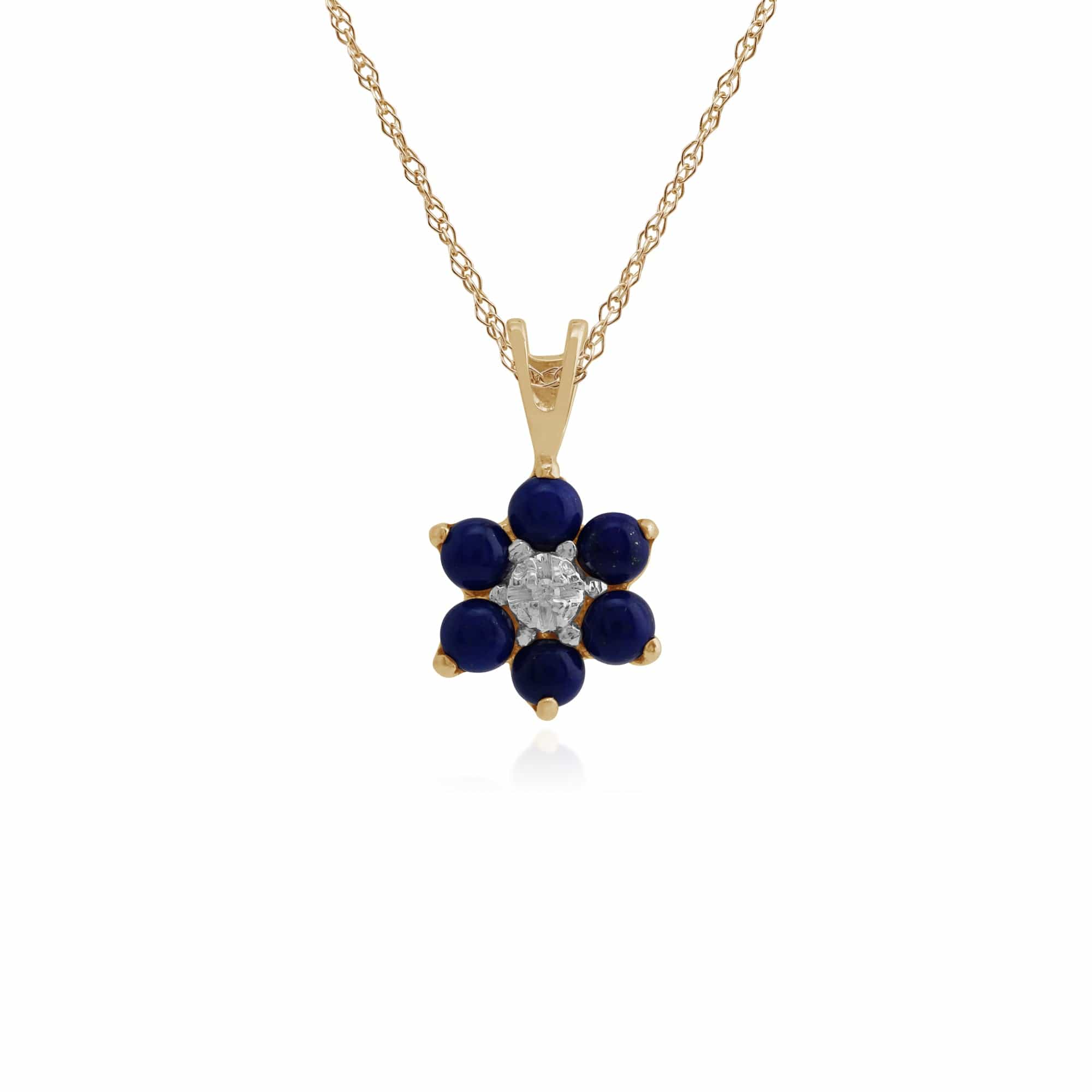 Floral Round Lapis Lazuli & Diamond Cluster Pendant in 9ct Yellow Gold - Gemondo