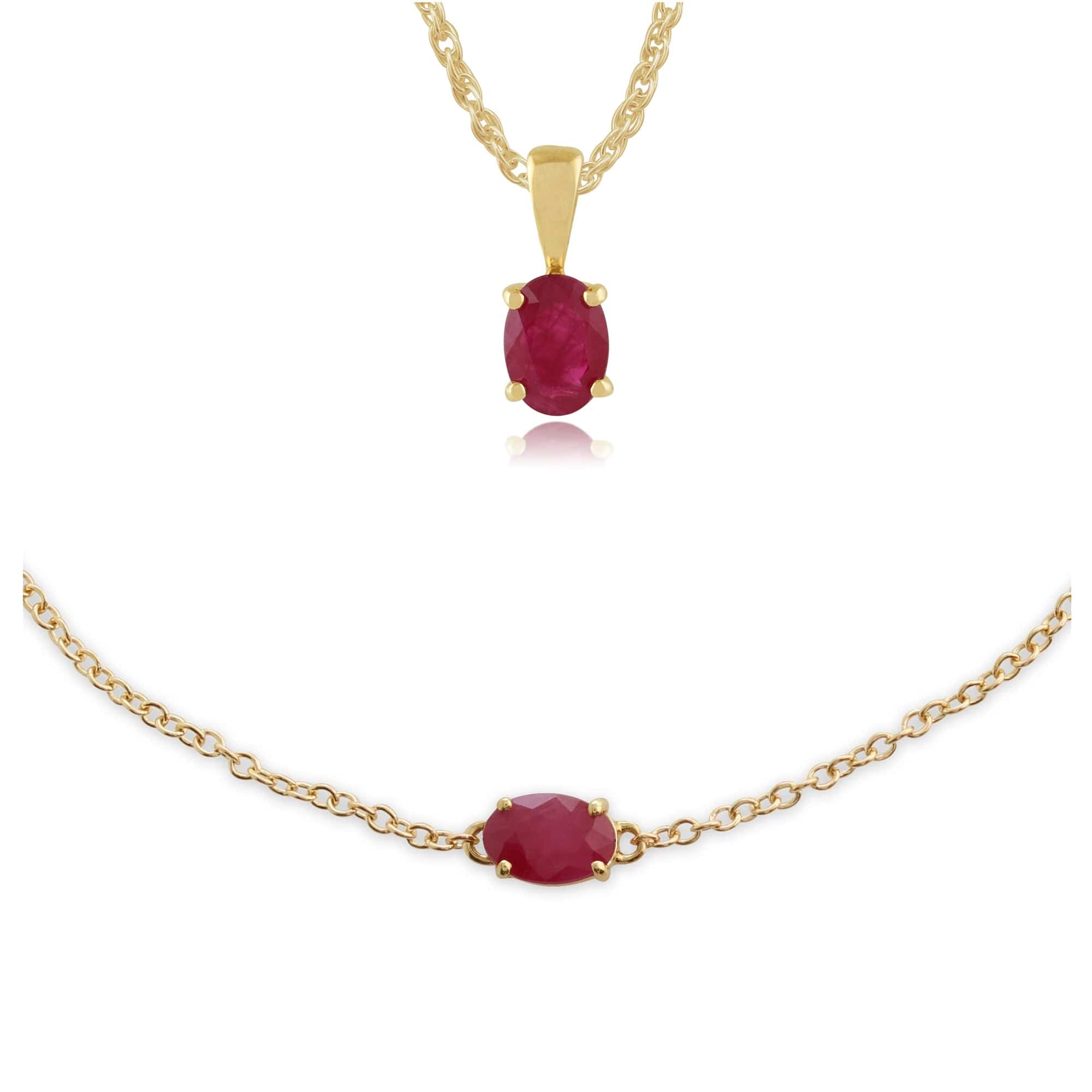 27055-135L0220039 Classic Oval Ruby Single Stone Pendant & Bracelet Set in 9ct Yellow Gold 1