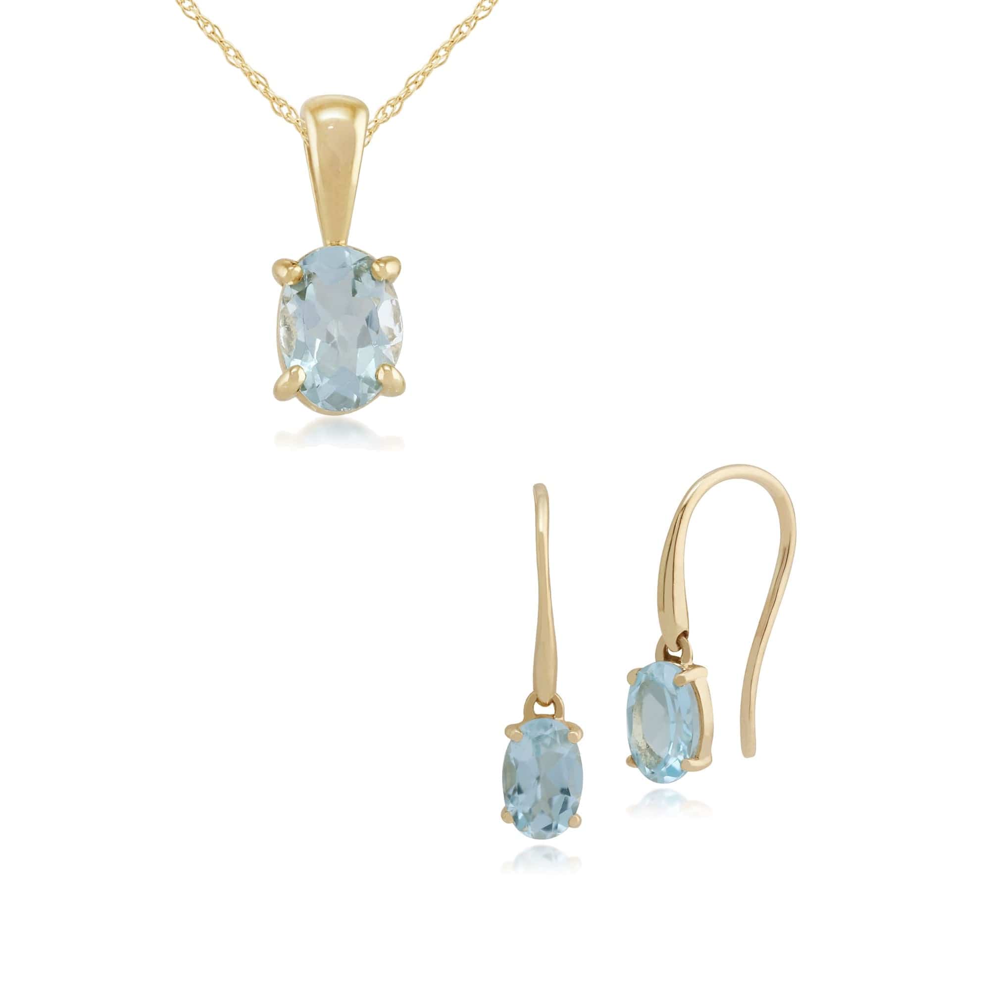 135E1289099-10740 Classic Oval Aquamarine Single Stone Drop Earrings & Pendant Set in 9ct Yellow Gold 1