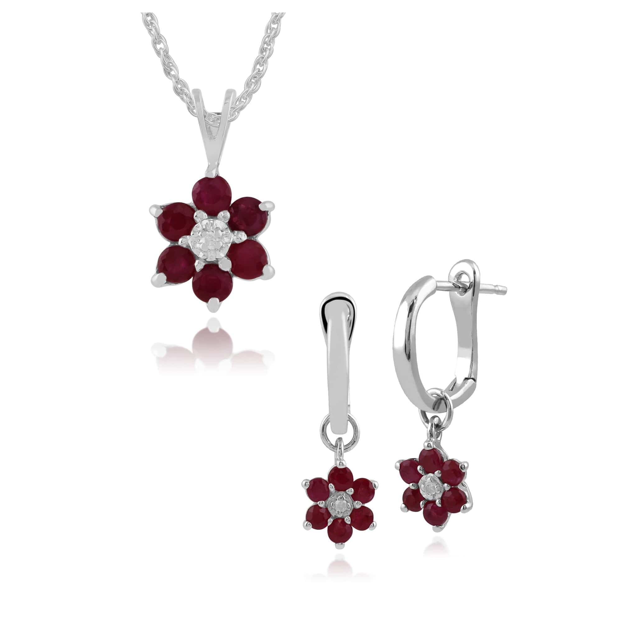 162E0239029-181P0625059 Floral Round Ruby & Diamond Flower Drop Earrings & Pendant Set in 9ct White Gold 1