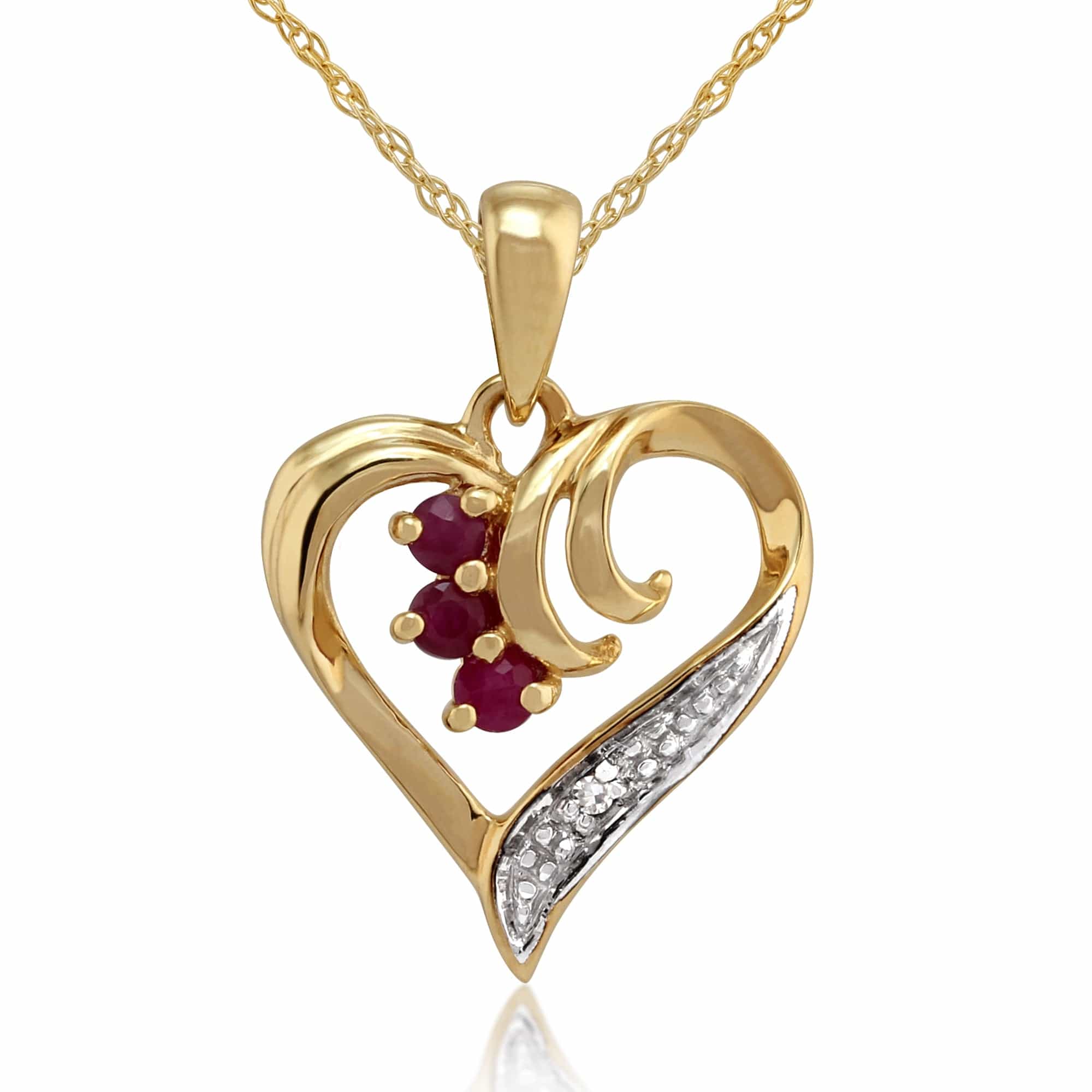 Classic Round Ruby & Diamond Love Heart Stud Earrings & Pendant Set in 9ct Yellow Gold - Gemondo