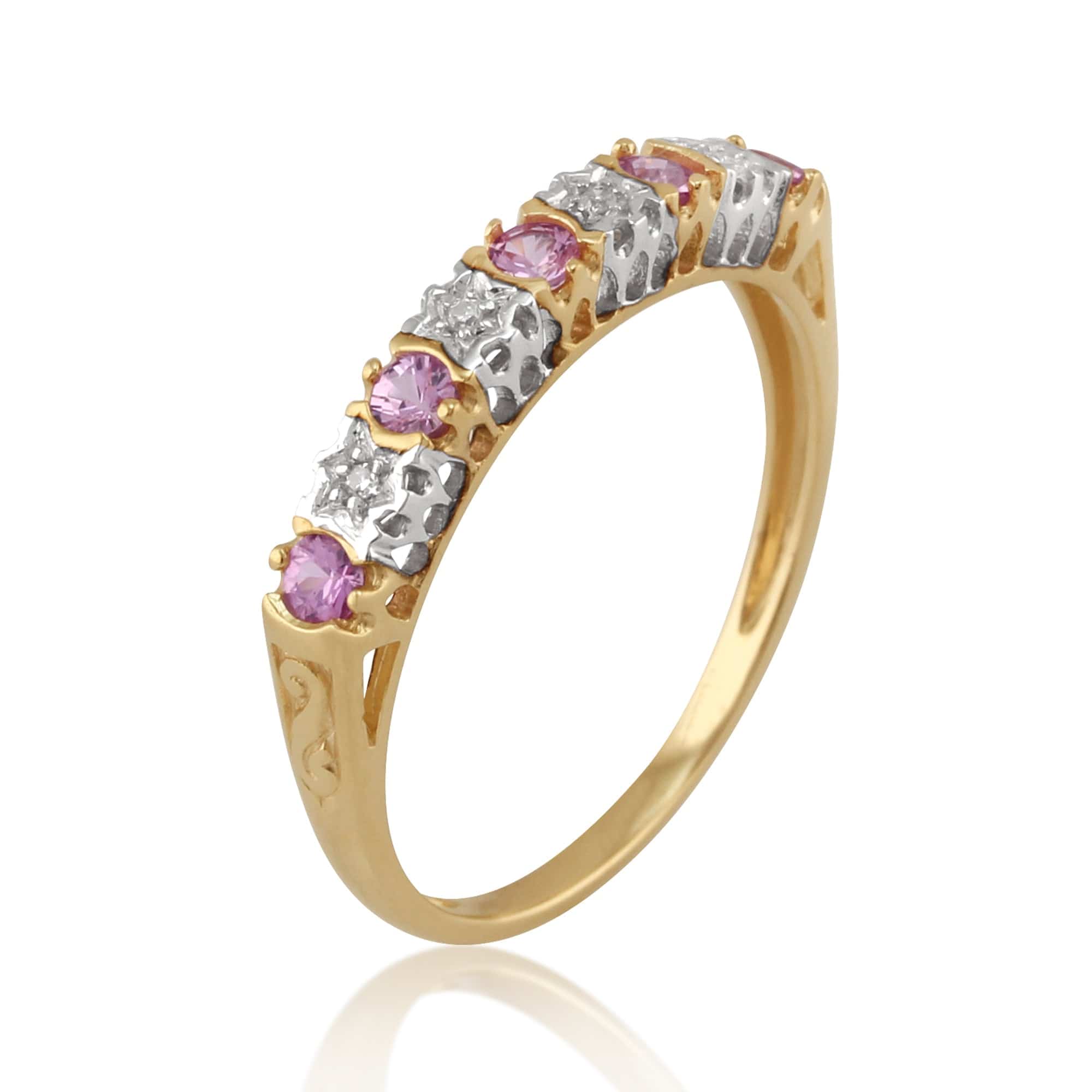 Classic Round Pink Sapphire & Diamond Half Eternity Ring in 9ct Yellow Gold - Gemondo
