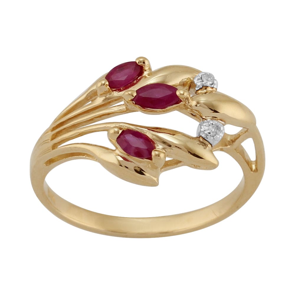 Floral 0.24ct Marquise Ruby & Diamond 9ct Yellow Gold  Ring