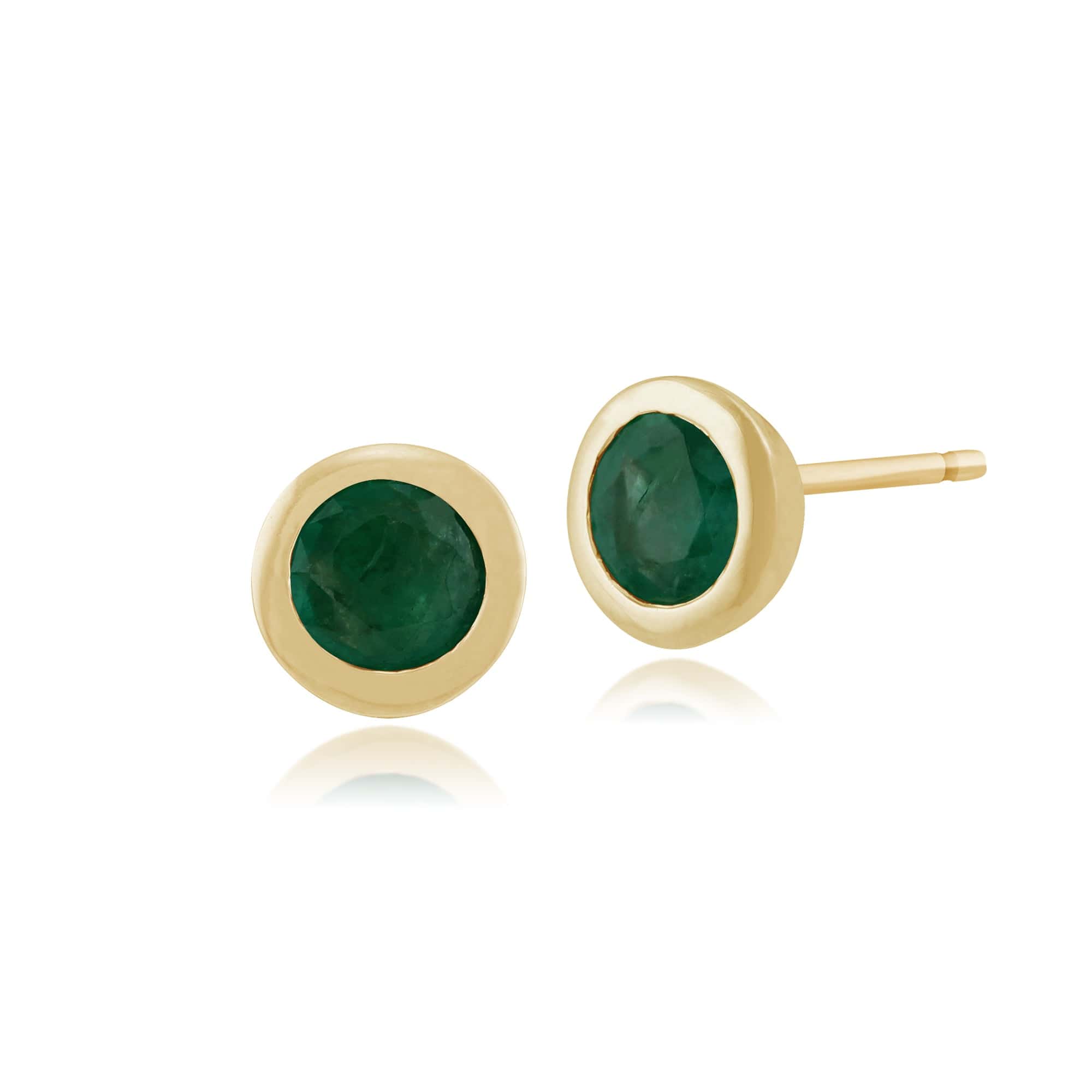Classic Round Emerald Bezel Stud Earrings in 9ct Yellow Gold - Gemondo