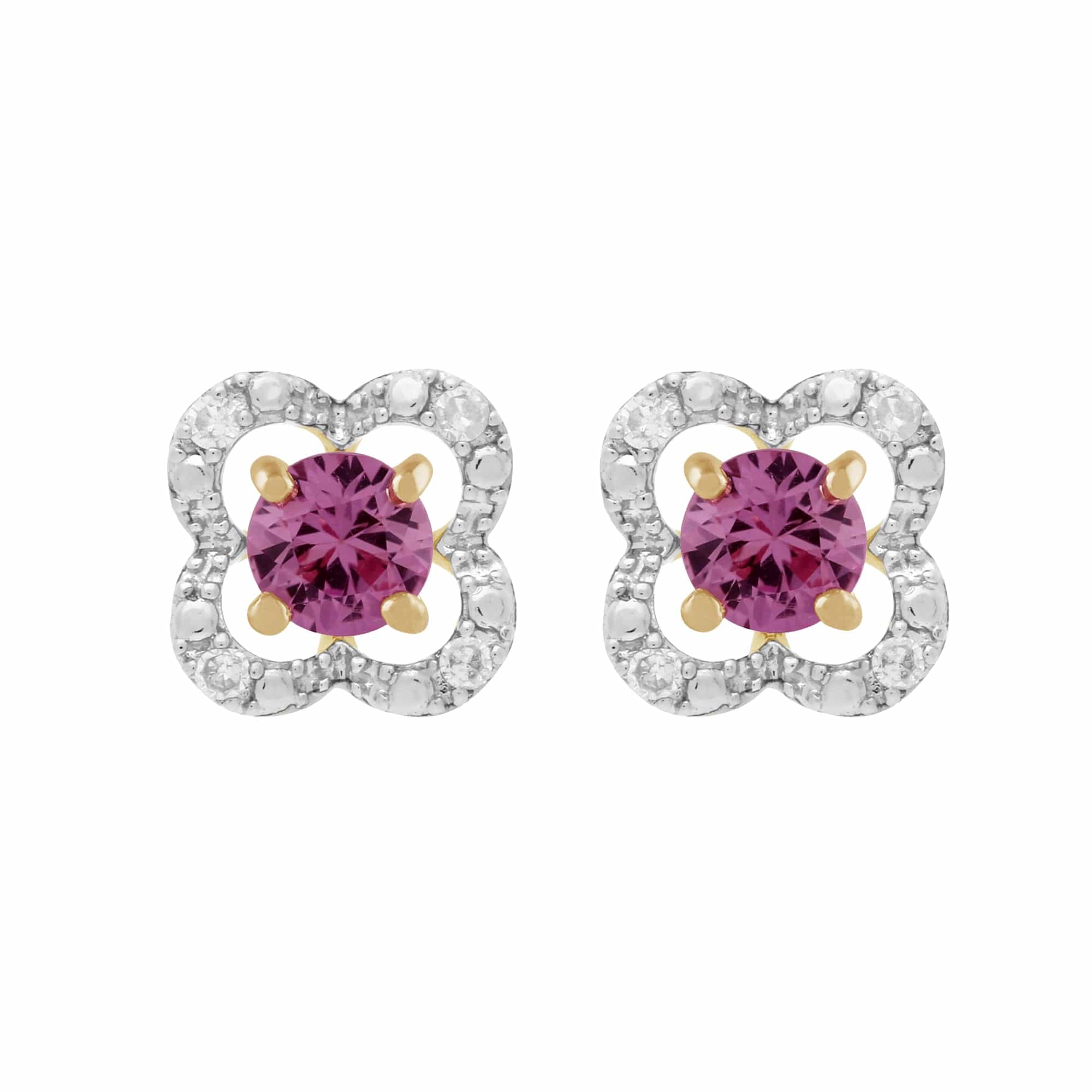 183E0083259-191E0375019 Classic Round Pink Sapphire Studs with Detachable Diamond Floral Ear Jacket in 9ct Yellow Gold 1