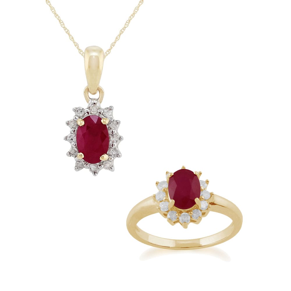 27017-183R1846029 Classic Oval Ruby & Diamond Halo Cluster Pendant & Ring Set in 9ct Yellow Gold 1
