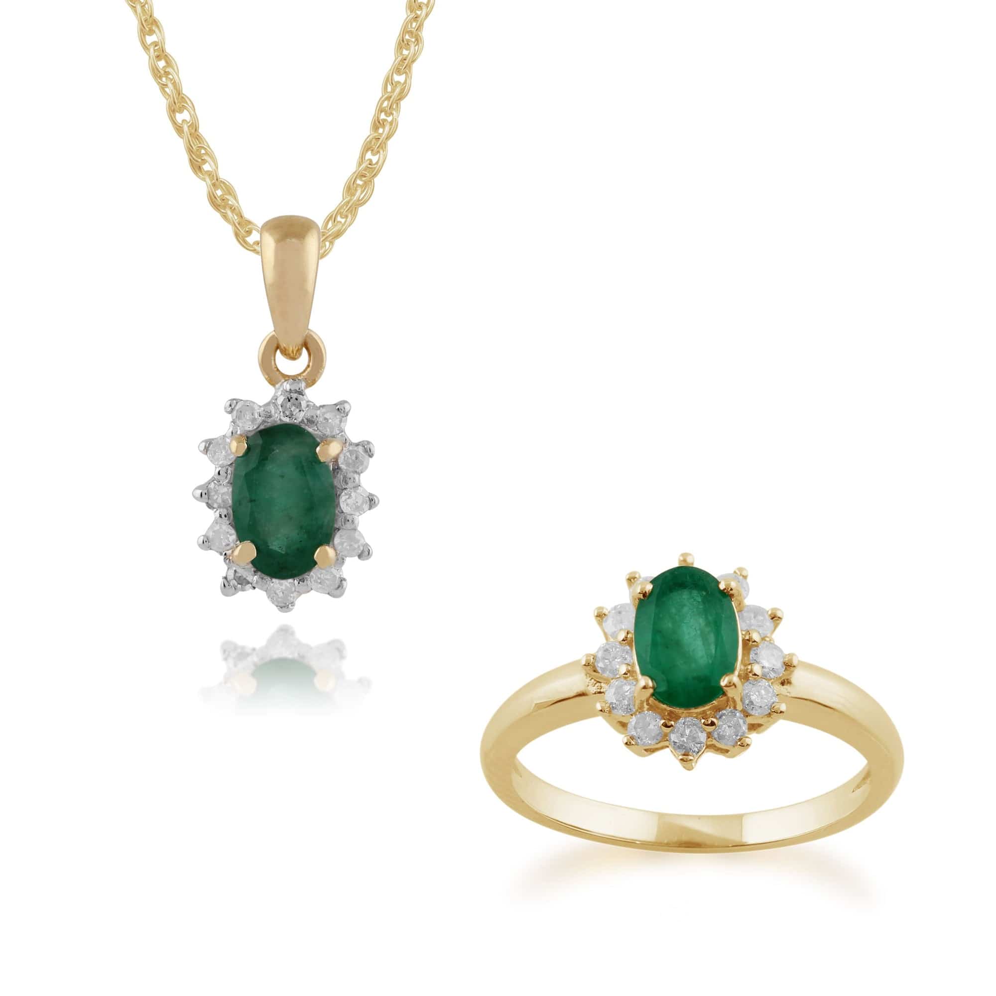 27016-183R1846079 Classic Oval Emerald & Diamond Halo Cluster Pendant & Ring Set in 9ct Yellow Gold 1