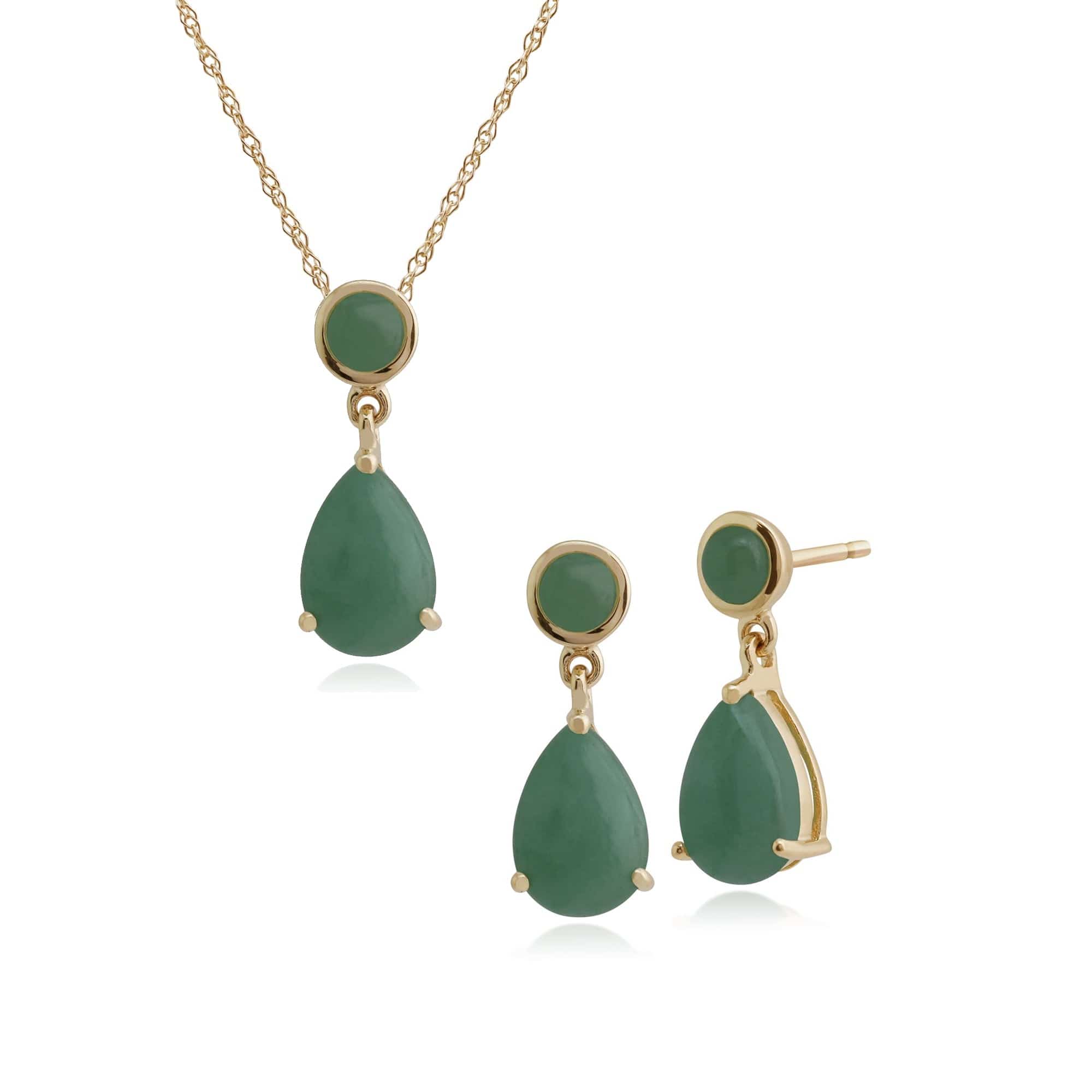 Classic Pear & Round Jade Drop Earrings & Pendant Set in 9ct Gold - Gemondo