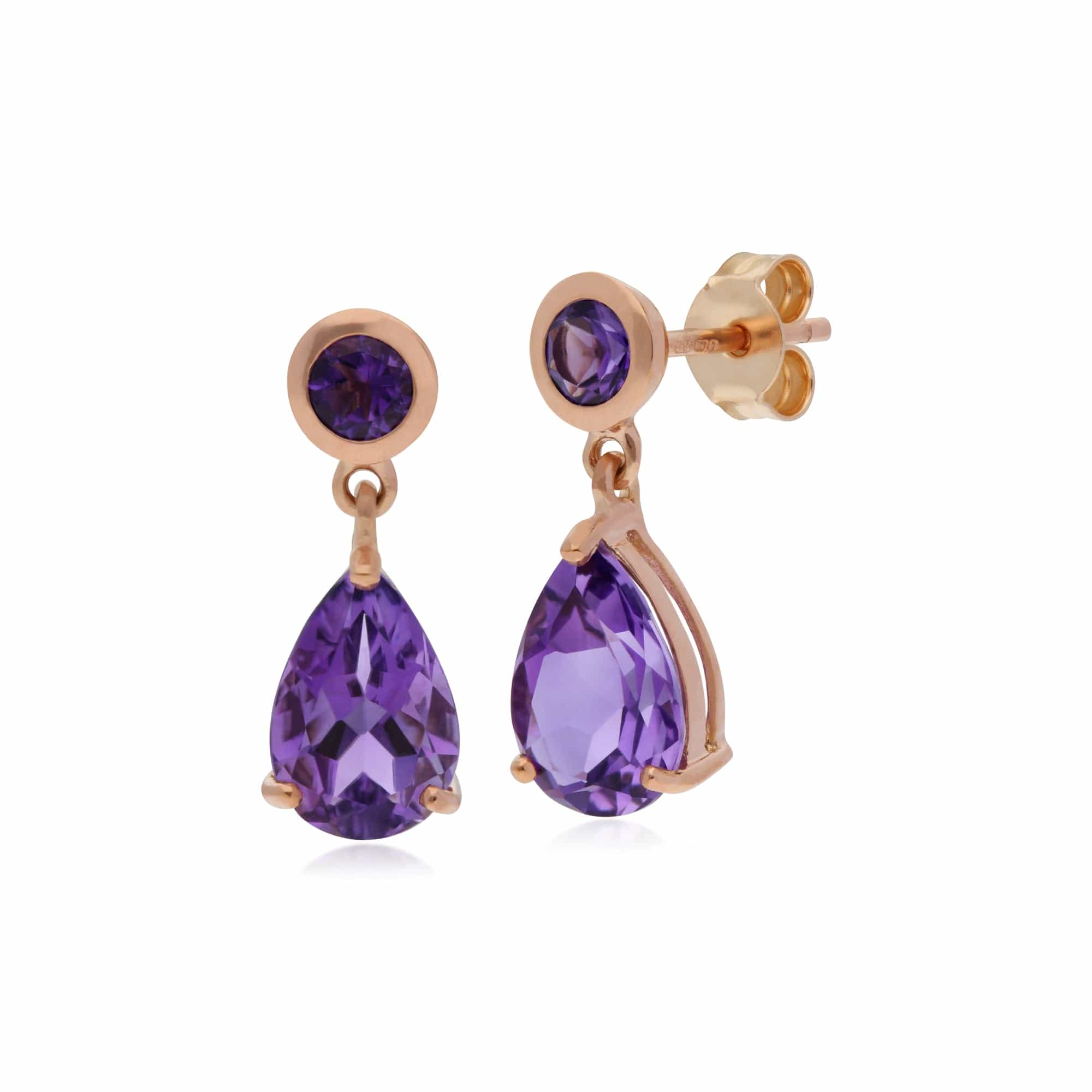 Classic Pear & Round Amethyst Drop Earrings in 9ct Rose Gold - Gemondo
