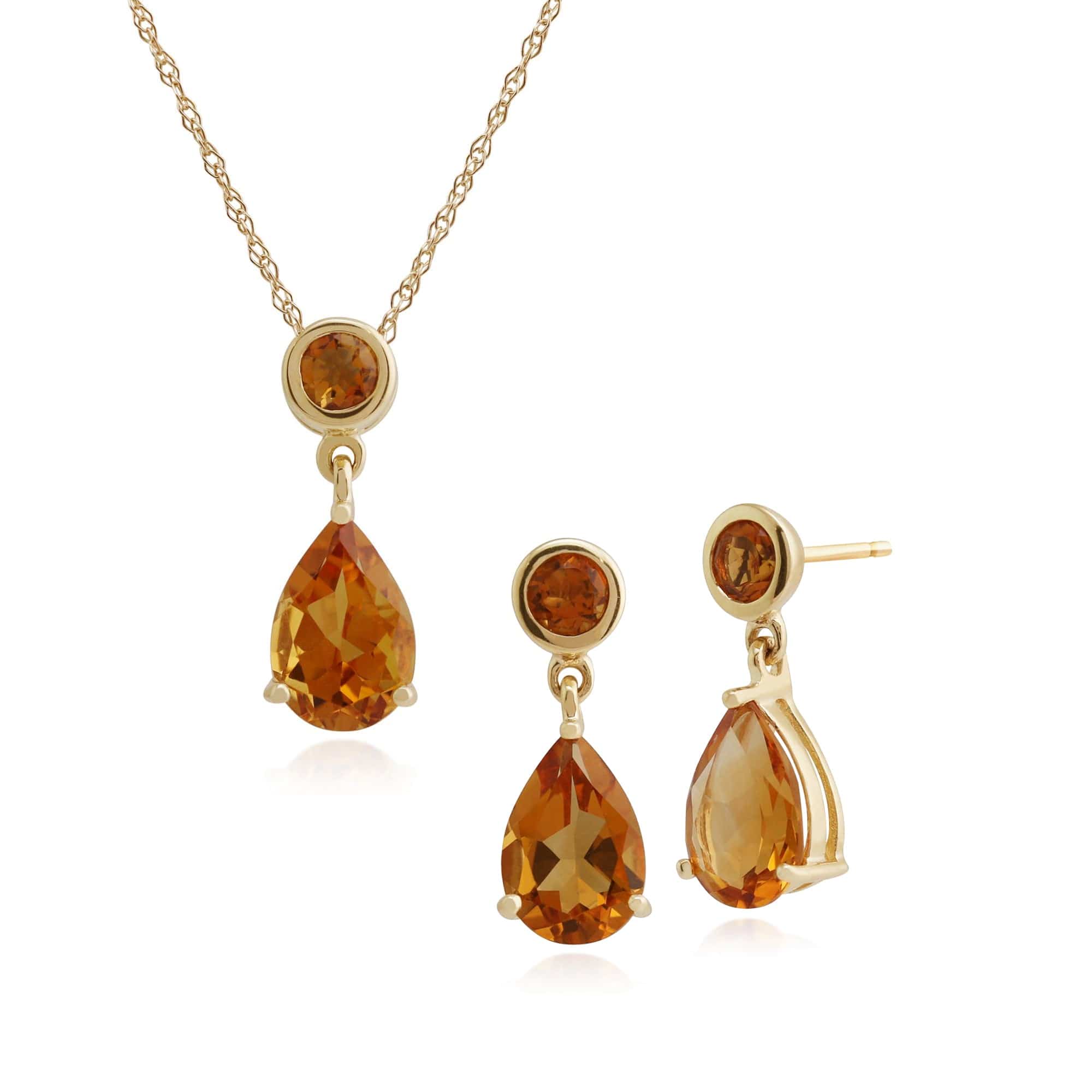 Classic Pear & Round Citrine Drop Earrings & Pendant Set in 9ct Yellow Gold - Gemondo