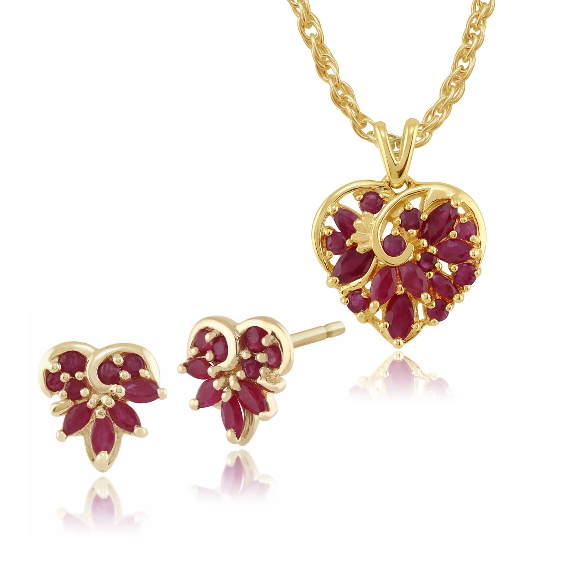 18896-10799 Classic Marquise Ruby Heart Stud Earrings & Pendant Set in 9ct Gold 1