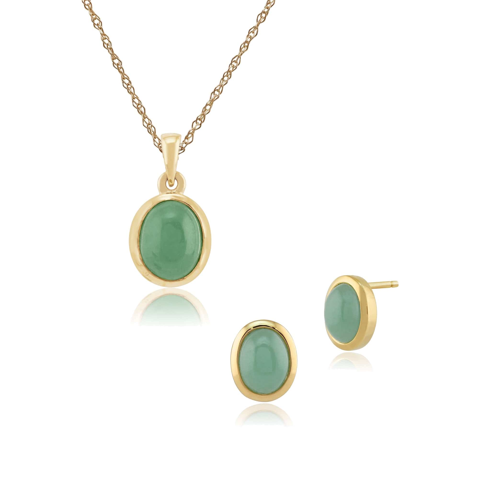 Classic Oval Jade Bezel Stud Earrings & Pendant Set in 9ct Gold - Gemondo
