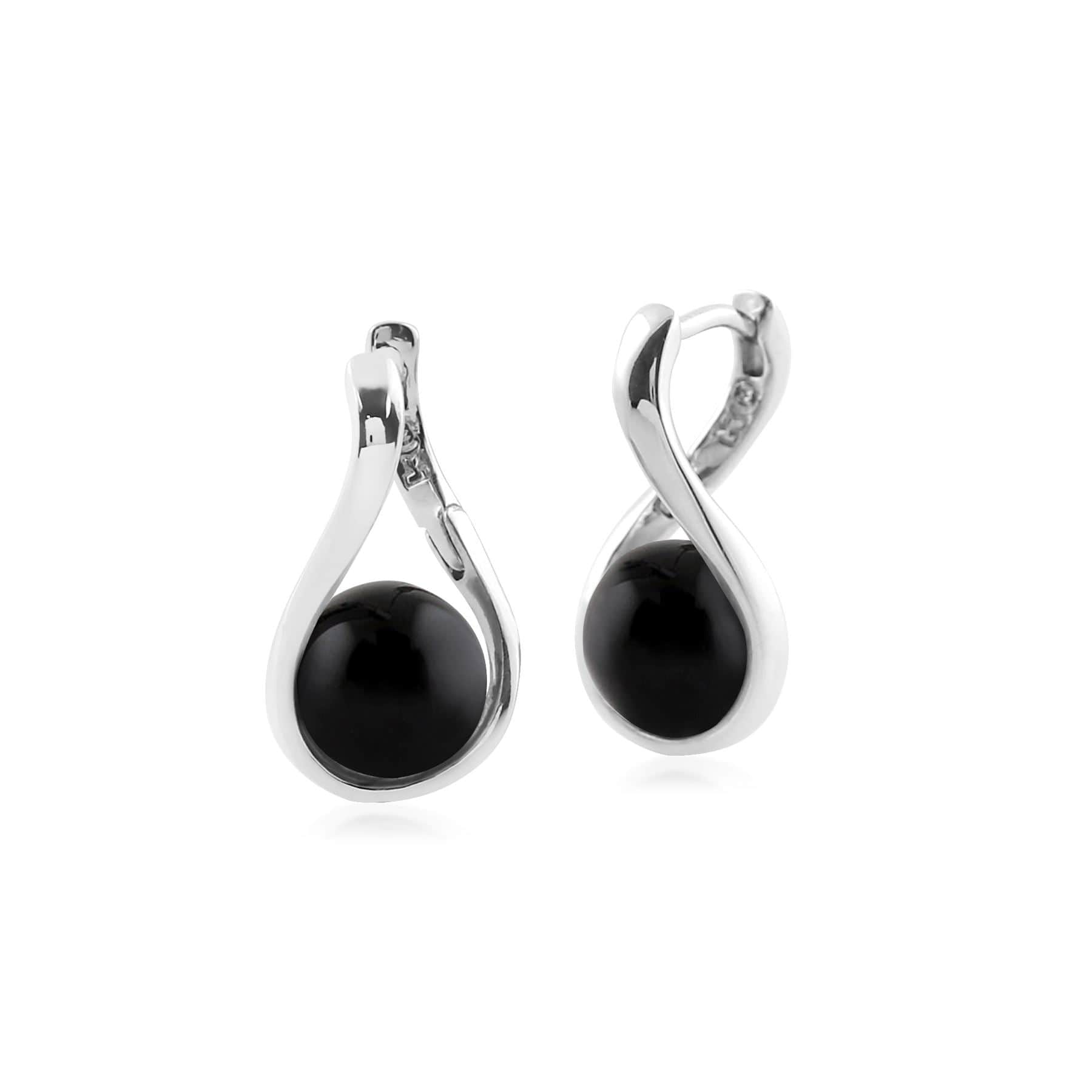 Kosmos Round Ball Shaped Black Onyx Earrings in Rhodium Plated Sterling Silver - Gemondo