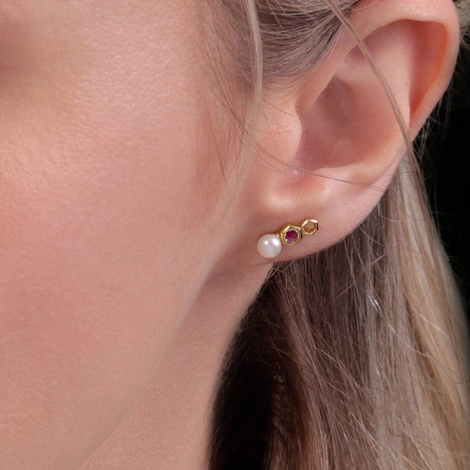 Modern Pearl & Ruby Ear Climber Studs in 9ct Gold - Gemondo