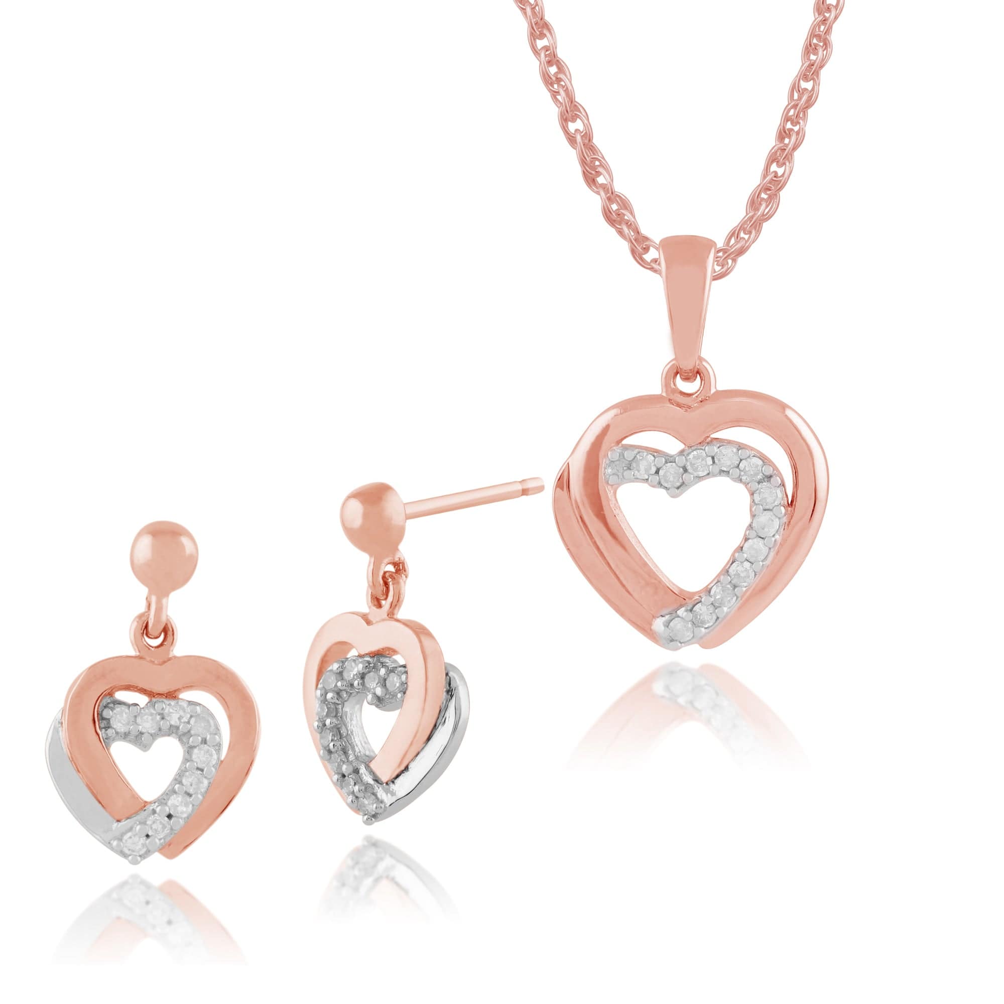 191E0357019-191P0698019 Classic Round Diamond Double Heart Drop Earrings & Pendant Set in 9ct Rose Gold 1