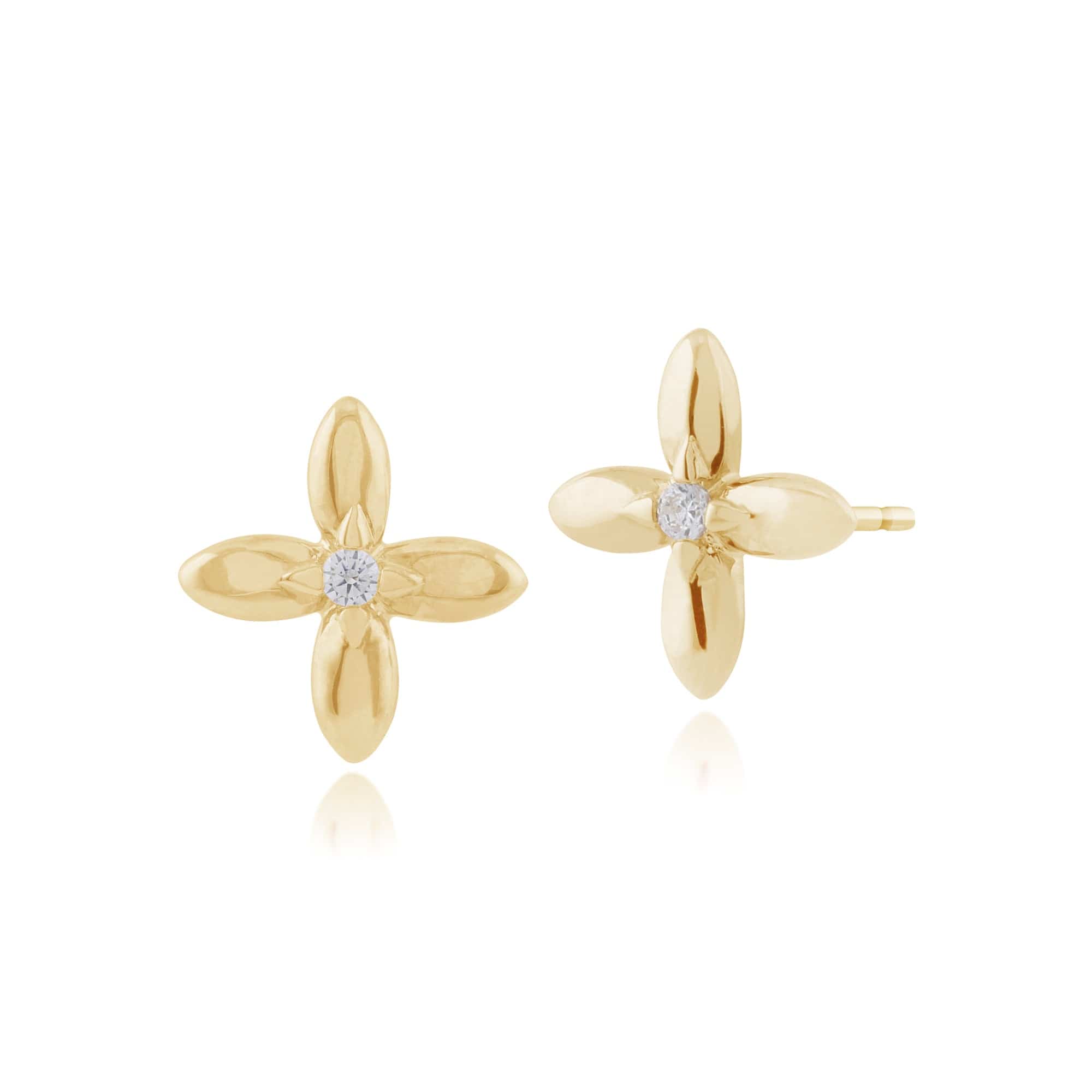 Floral Round Diamond Golden Flower Stud Earrings in 9ct Yellow Gold - Gemondo