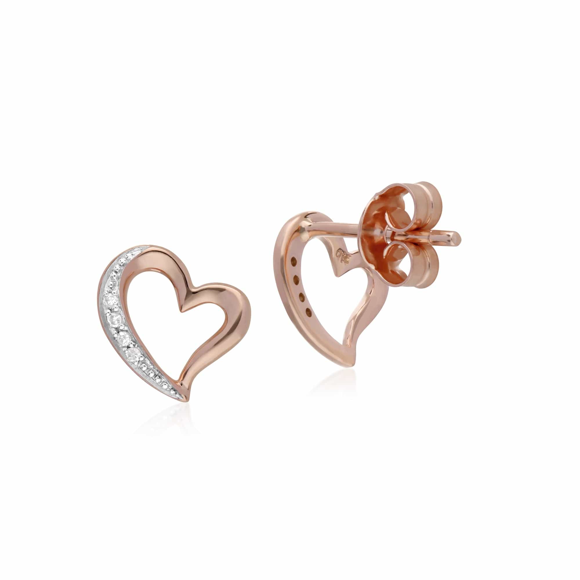Classic Round Diamond Open Love Heart Stud Earrings in 9ct Rose Gold - Gemondo