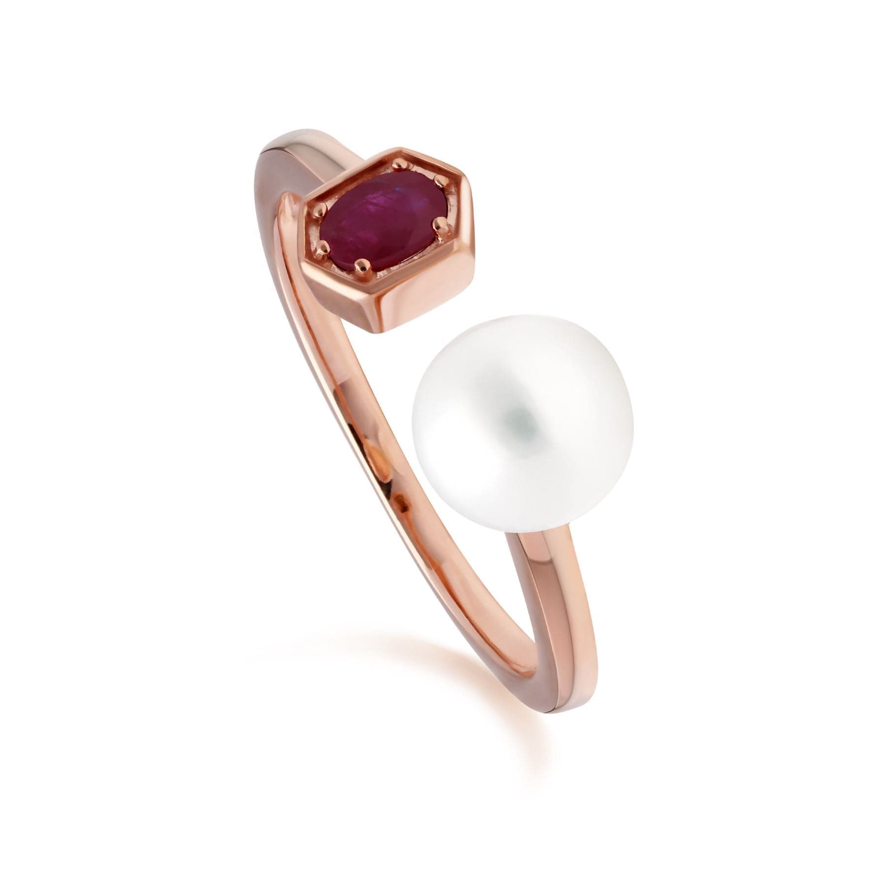 Modern Pearl & Ruby Open Ring in Rose Gold Plated Sterling Silver