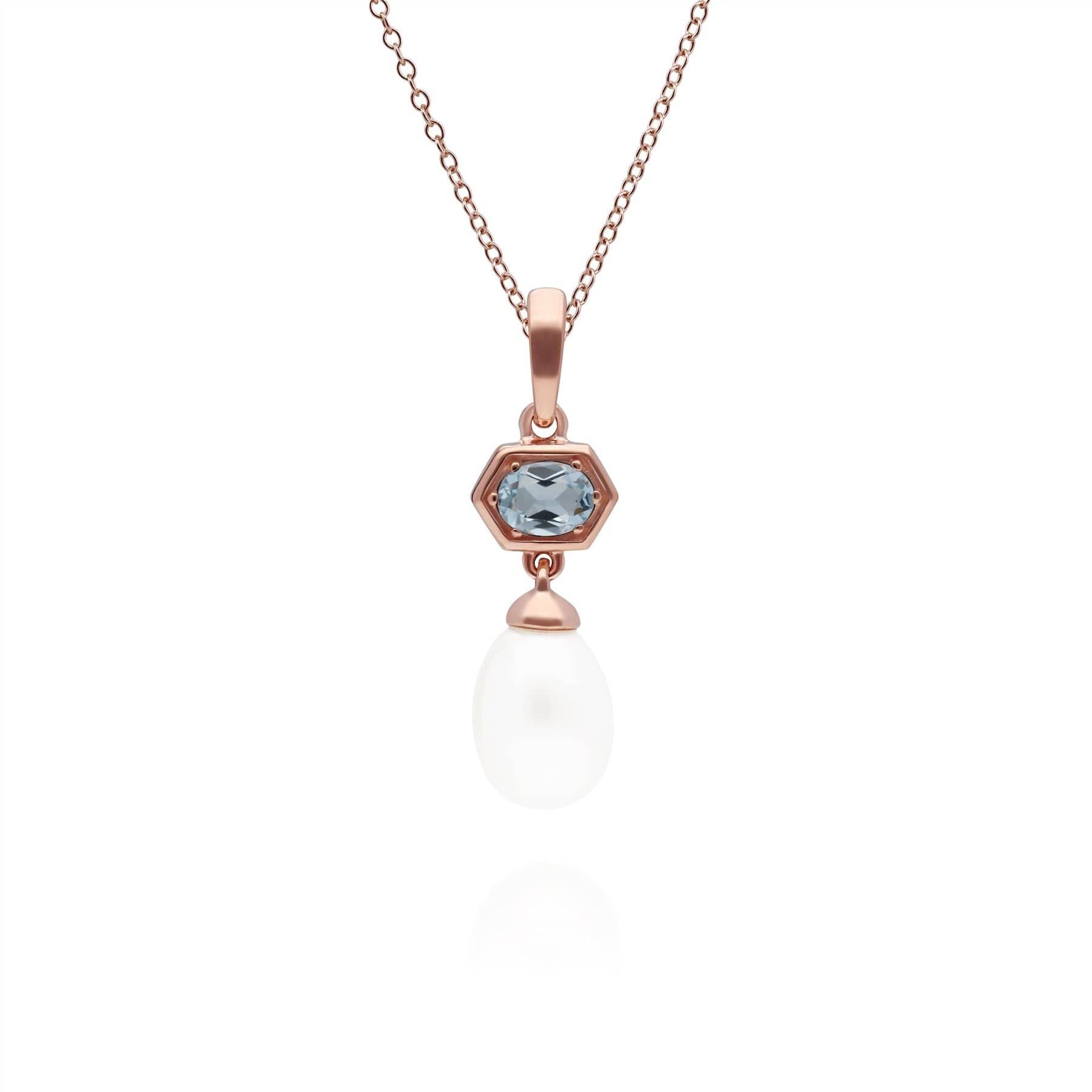 Modern Pearl & Blue Topaz Hexagon Drop Pendant in Rose Gold Plated Sterling Silver