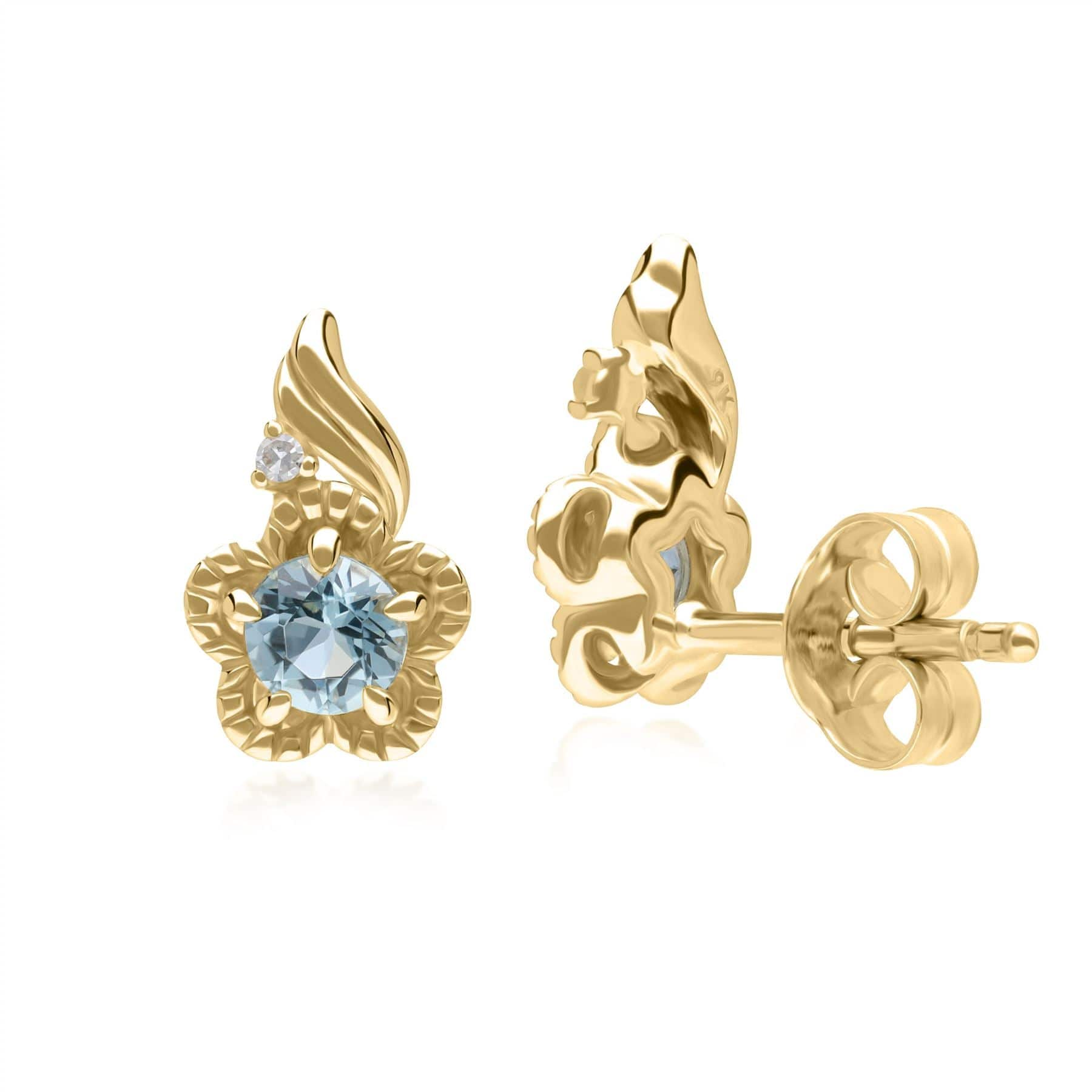 Floral Round Blue Topaz & Diamond Stud Earrings in 9ct Yellow Gold - Gemondo
