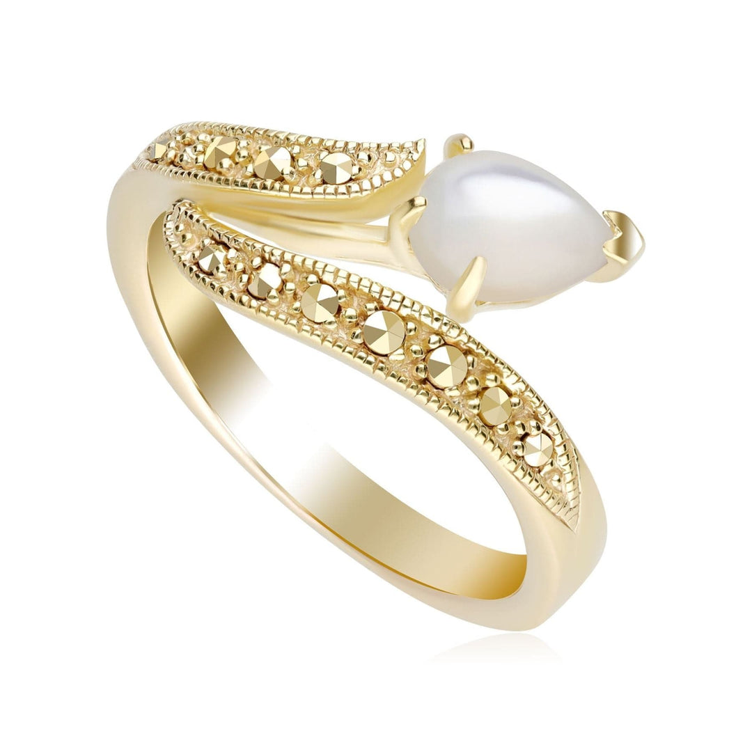 234R043801925 Art Nouveau Inspired Mother of Pearl & Marcasite Twist Ring in 18ct Gold Plated Silver 1