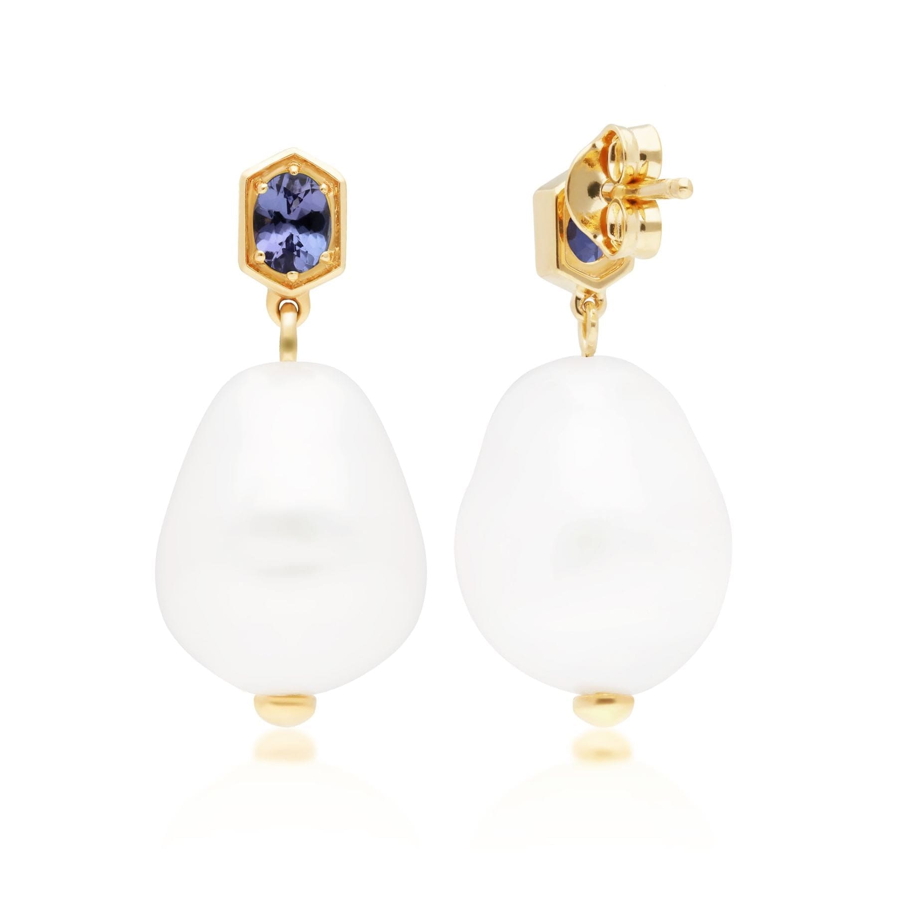 Modern Baroque Pearl & Tanzanite Drop Earrings in Gold Plated Silver - Gemondo